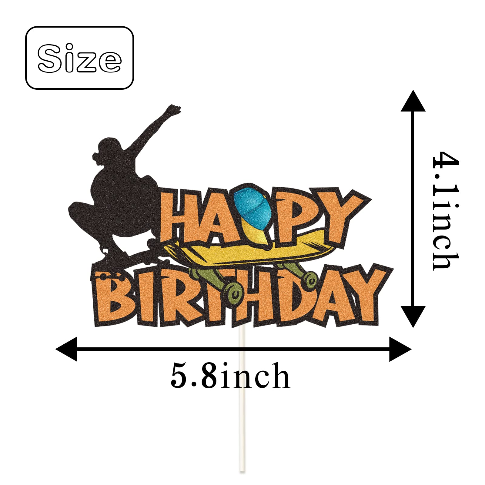 Skateboard Happy Birthday Cake Topper - Glitter Skateboard Cake Decoration for Skateboard Birthday Parties | Sport Theme Birthday Party Supplies | Perfect for Skateboard-Themed Cakes, Cupcakes & Desserts