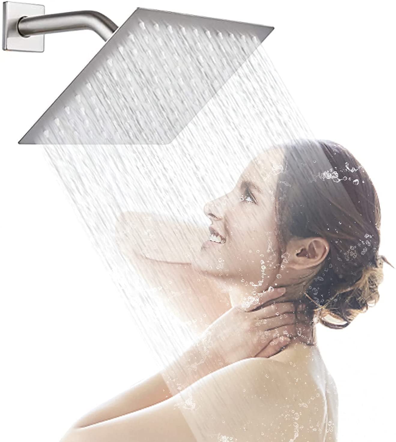 AWARA 8 Inch Square Rain Shower Head - Ultra Thin 304 Stainless Steel High Pressure Rainfall Shower Head with Brushed Nickel Finish - Modern Waterfall Design for Bathroom & Spa Relaxation