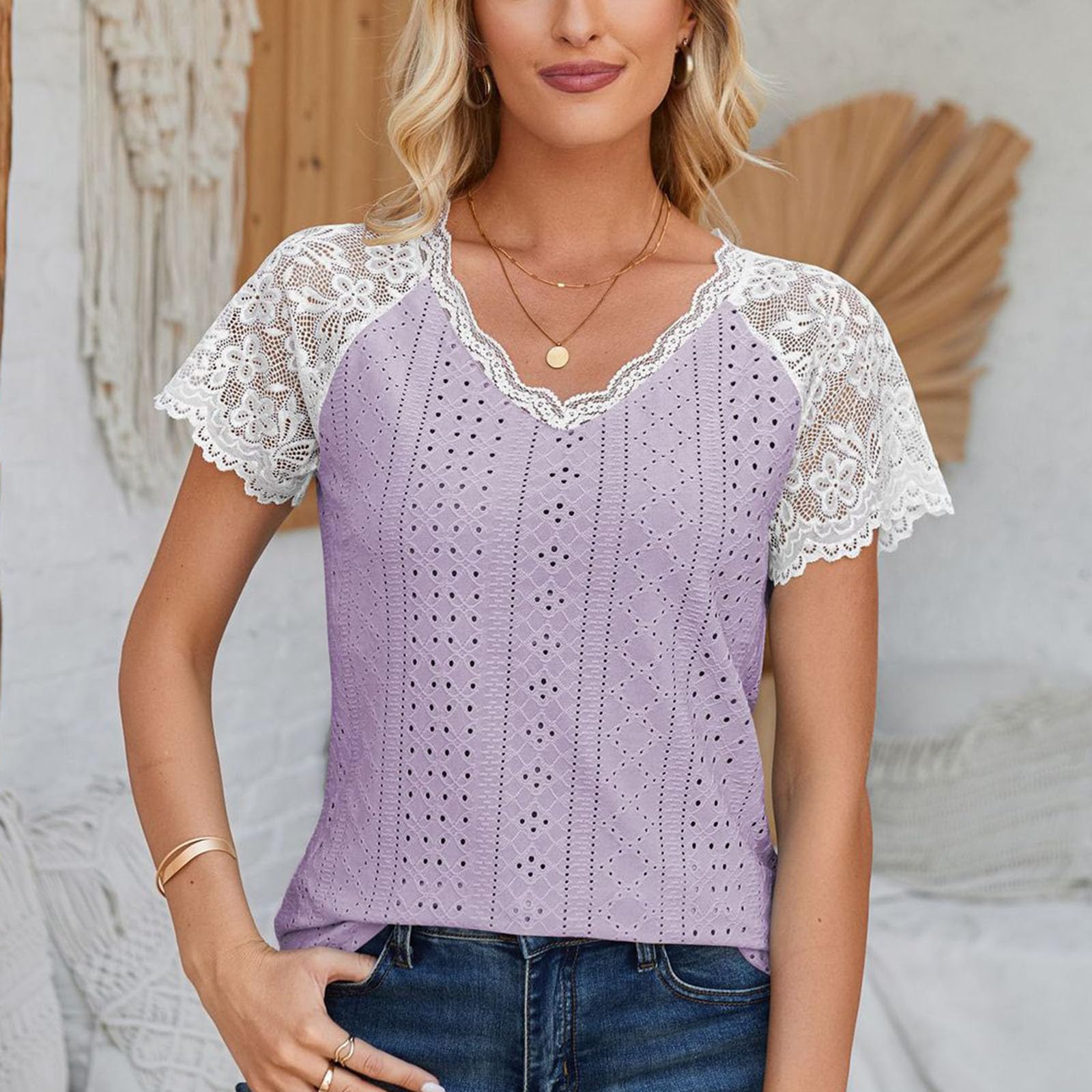 Women's Cute Lace Raglan Sleeve T-Shirt - Elegant V-Neck Embroidered Eyelet Summer Top for Casual & Dressy Wear | Perfect for Office, Date Night & Weekend Outings