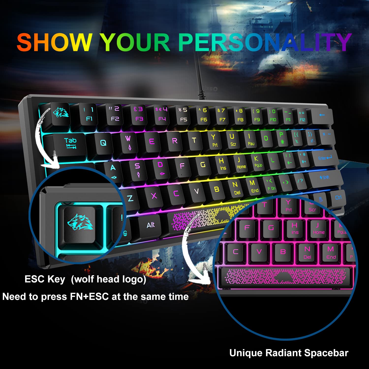 ZIYOU LANG K61 60% Compact RGB Backlit Gaming Keyboard - Wired Mechanical Feel Membrane Keyboard with UK Layout (62 Keys), Waterproof Design for PC, Laptop, Mac, PS4, XBOX | Perfect for Esports, Office Work & Home Entertainment