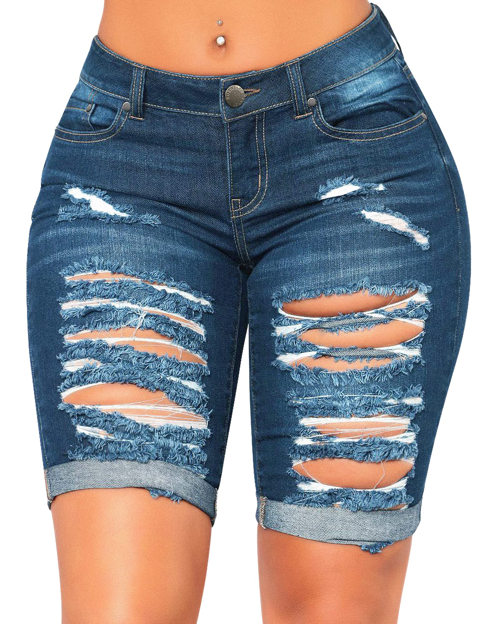 Roswear Women's Distressed Denim Shorts - Stretchy Ripped Knee-Length Jean Shorts for Summer Casual Wear, Beach Outings & Street Style Fashion