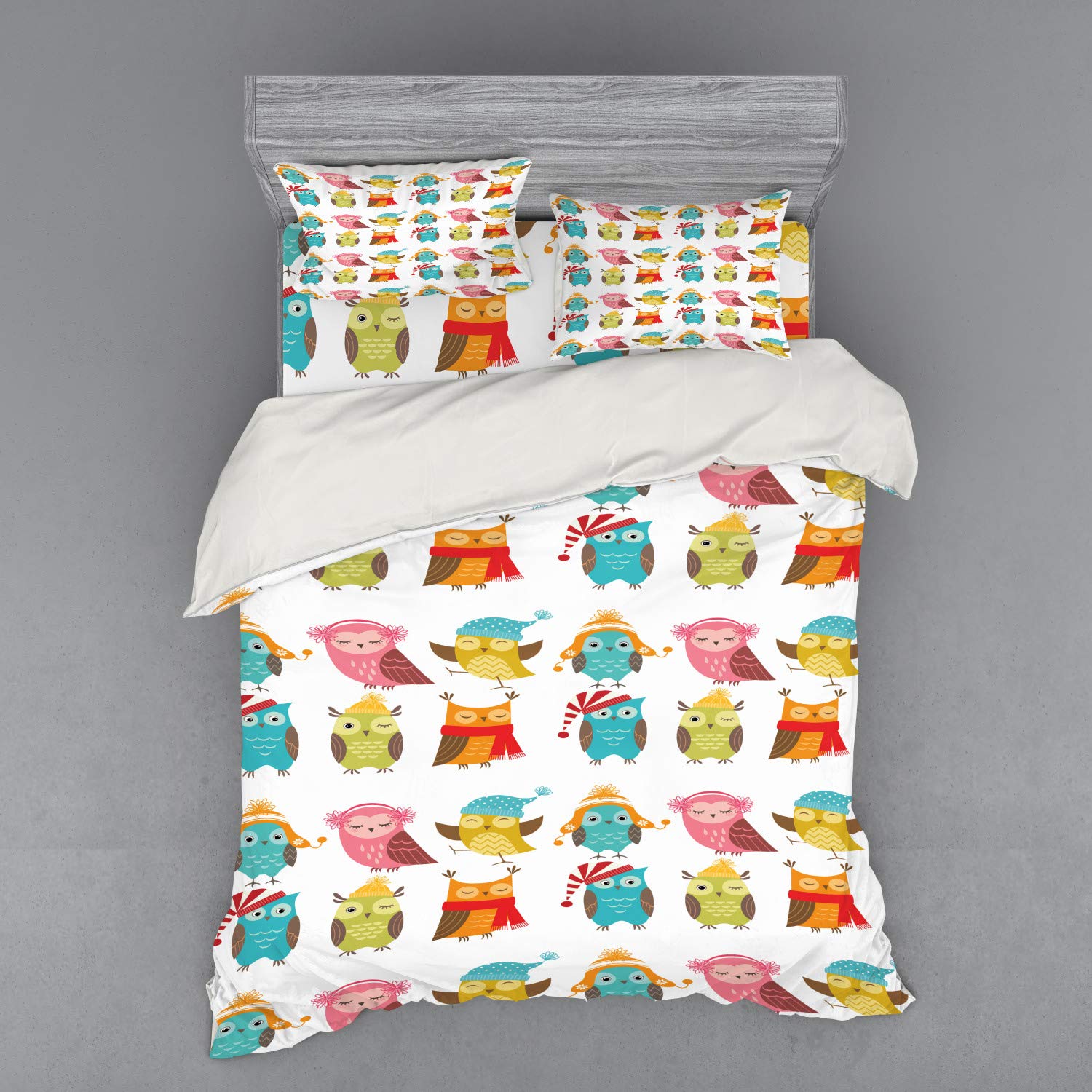 Ambesonne Winter Duvet Cover Set - Funny Cartoon Owls with Hats & Scarves Colorful Bird Pattern, 4-Piece Bedding Set with Shams & Fitted Sheet, Queen Size, Multicolor | Cozy Winter Bedroom Decor for Kids & Adults