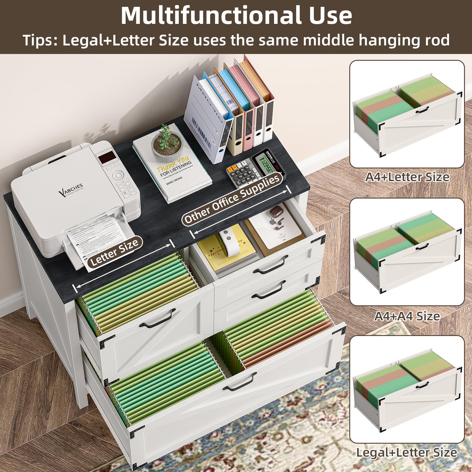 4-Drawer Wood Lateral File Cabinet for Hanging Files - Letter/A4/Legal Size Storage | Farmhouse Style Home Office Furniture | Printer Stand & Office Cabinet in White & Black | Perfect for Document Organization & Workspace Storage