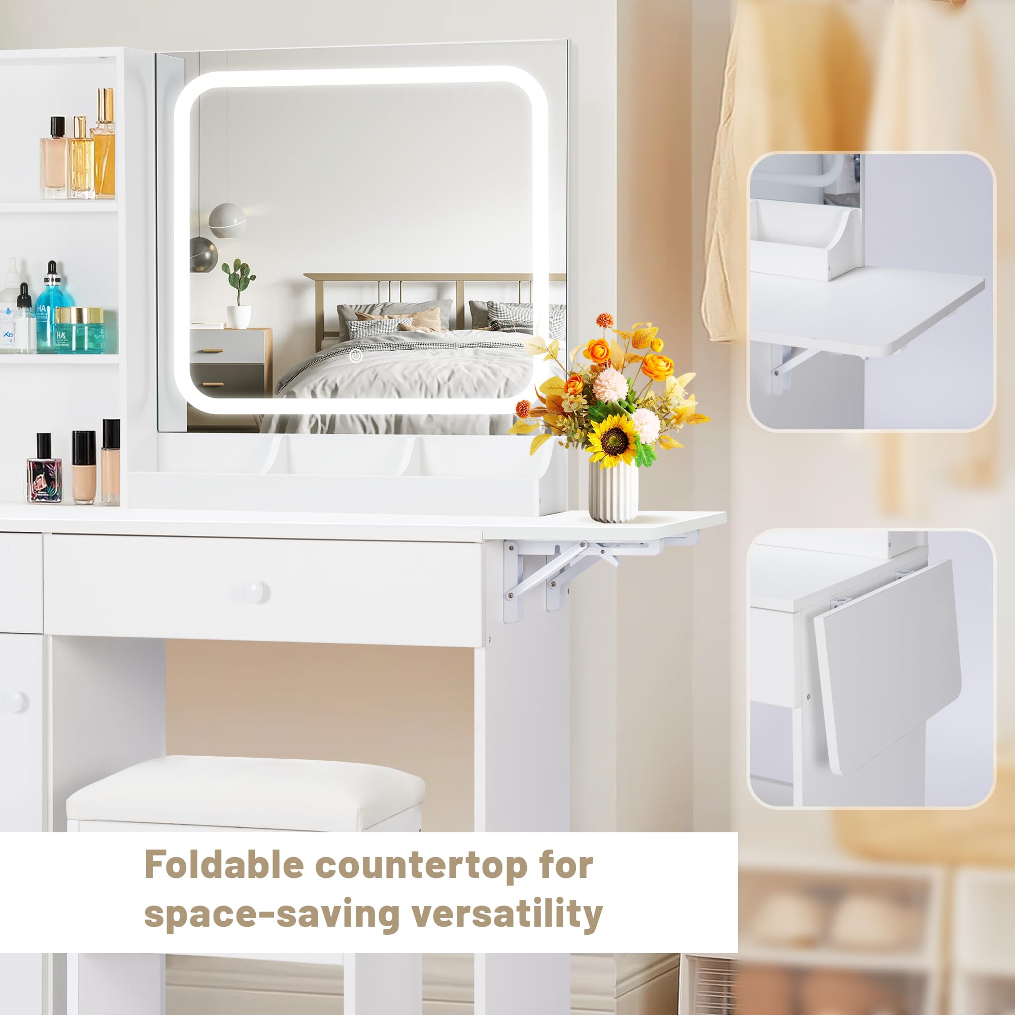 White Vanity Desk with LED Lights & Mirror - Makeup Vanity Table with Charging Station, Storage Drawers & Adjustable Stool - Perfect for Bedroom, Dressing Room & Home Office Organization