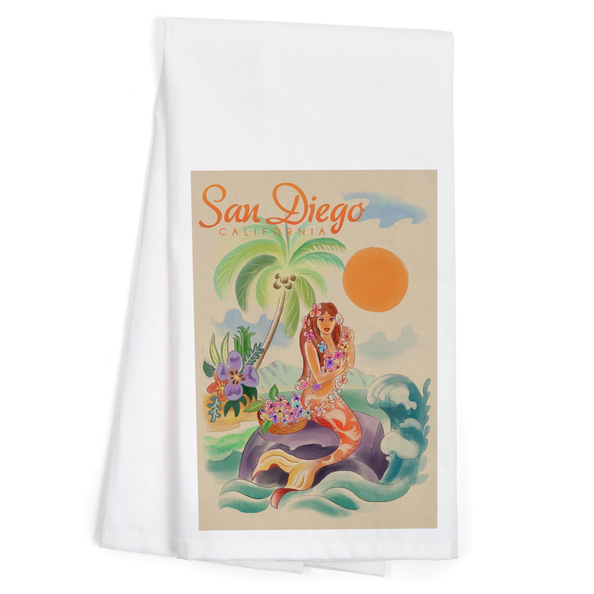 Lantern Press San Diego California Tropical Mermaid 100% Cotton Tea Towel - Decorative Hand Towel for Kitchen, Bathroom & Home Decor - Perfect for Beach House, Coastal Decor or Mermaid Theme Gifts