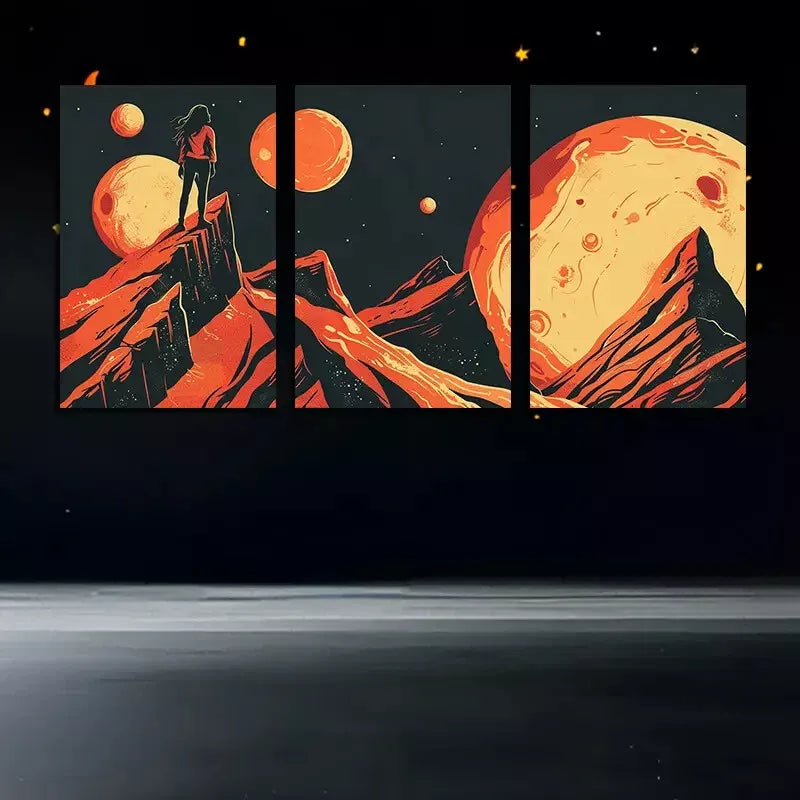3-Piece Framed Canvas Wall Art Set - Woman Over Jagged Mountains Under Planets (50x70cm) | High Quality Print | 100% Australian Made | Ready to Hang | Perfect for Living Room, Bedroom & Office Decor