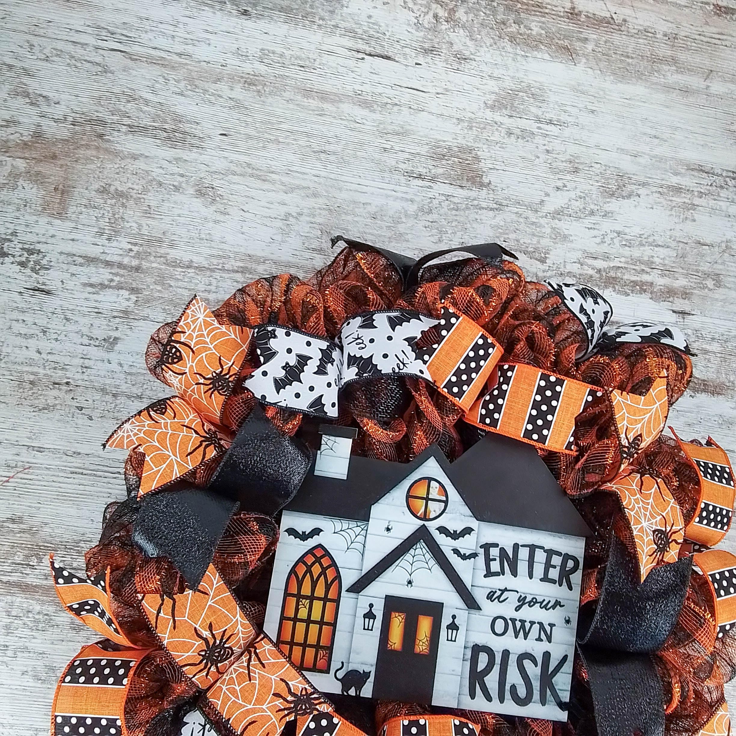 Spooky Halloween Wreath - Haunted House Door Decor with Orange Black White Stripes - Perfect for Front Door, Porch & Party Decorations
