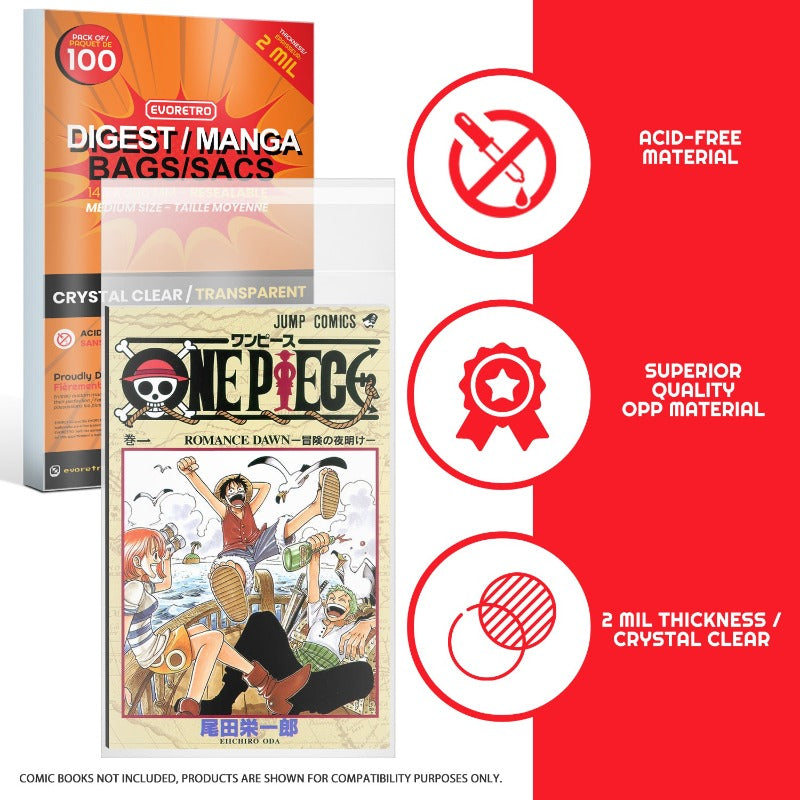 Evoretro Clear Resealable Bags for Comics, Manga & Collectibles - Perfect for Storage, Protection & Organization of Digest Books, Comic Collections & Trading Cards