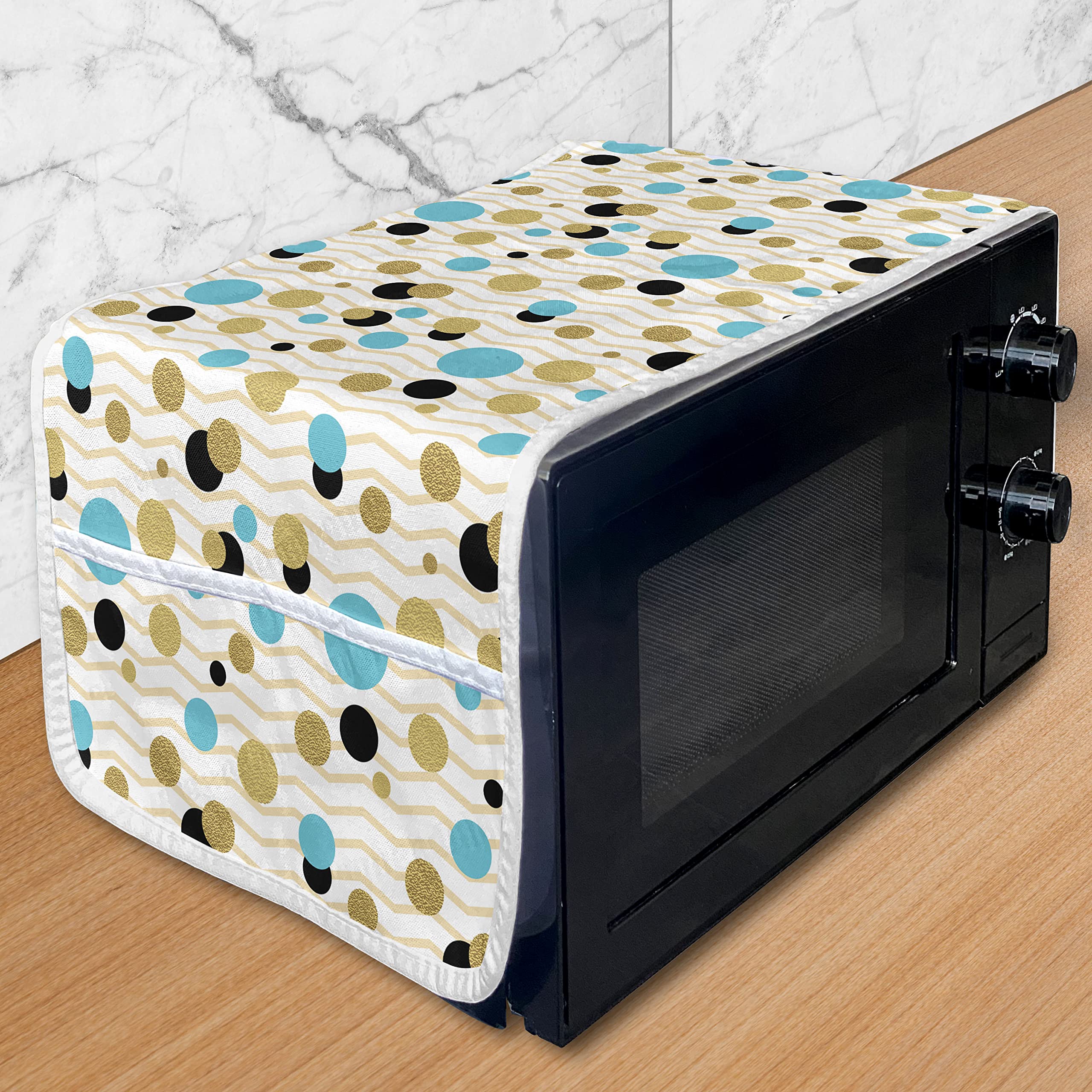 Ambesonne Abstract Microwave Oven Cover - Water Resistant Kitchen Organizer with Pockets, Trippy Geometric Circles Design on Yellow Zig Zag Background, 36
