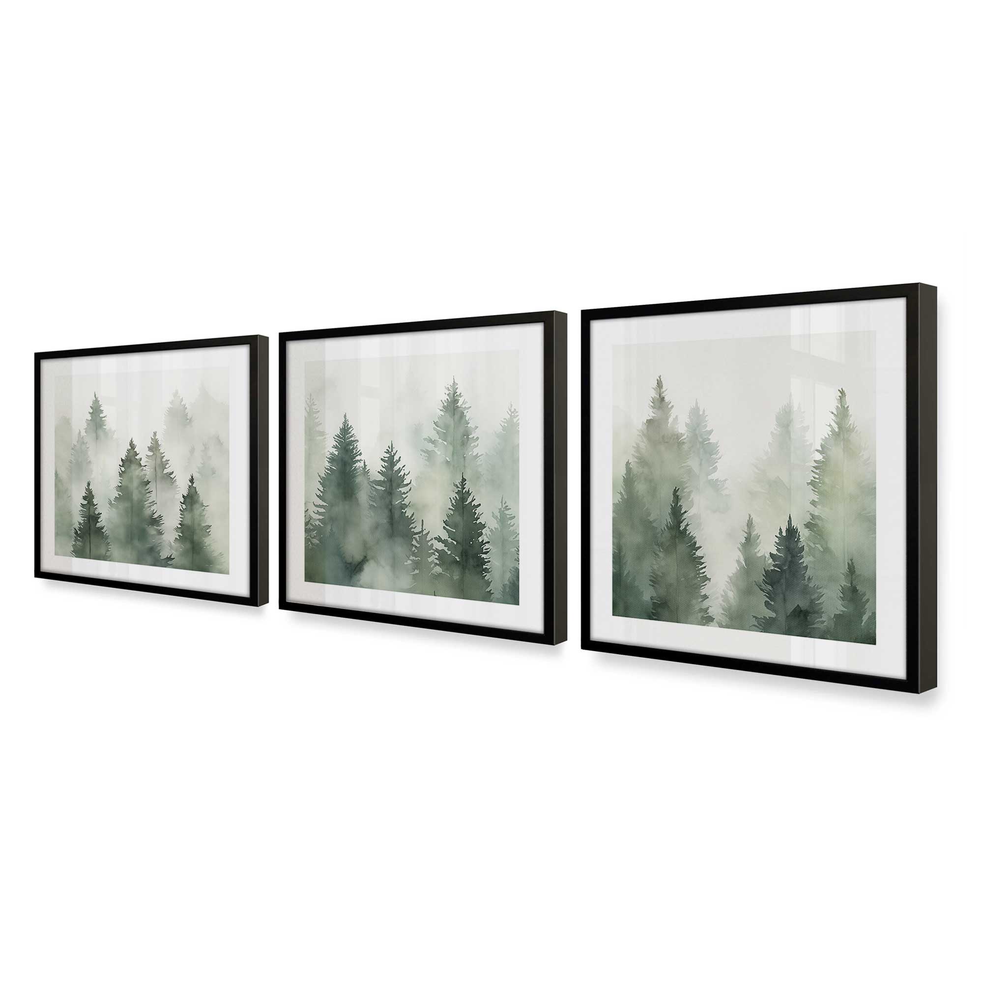 Green Haze Woodland Wall Art - Set of 3 Framed Nature Prints for Living Room, Bedroom & Office Decor | Forest Landscape Paintings | Ready to Hang Home Decoration