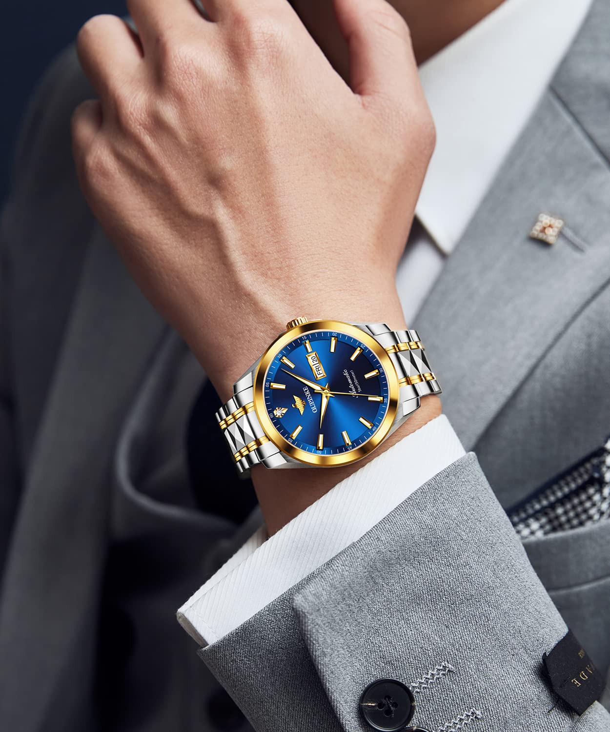 OUPINKE Men's Automatic Luxury Watch with Real Diamonds - Self-Winding Mechanical Gold Dress Watch - Waterproof Wristwatch for Business, Formal Events & Gifts