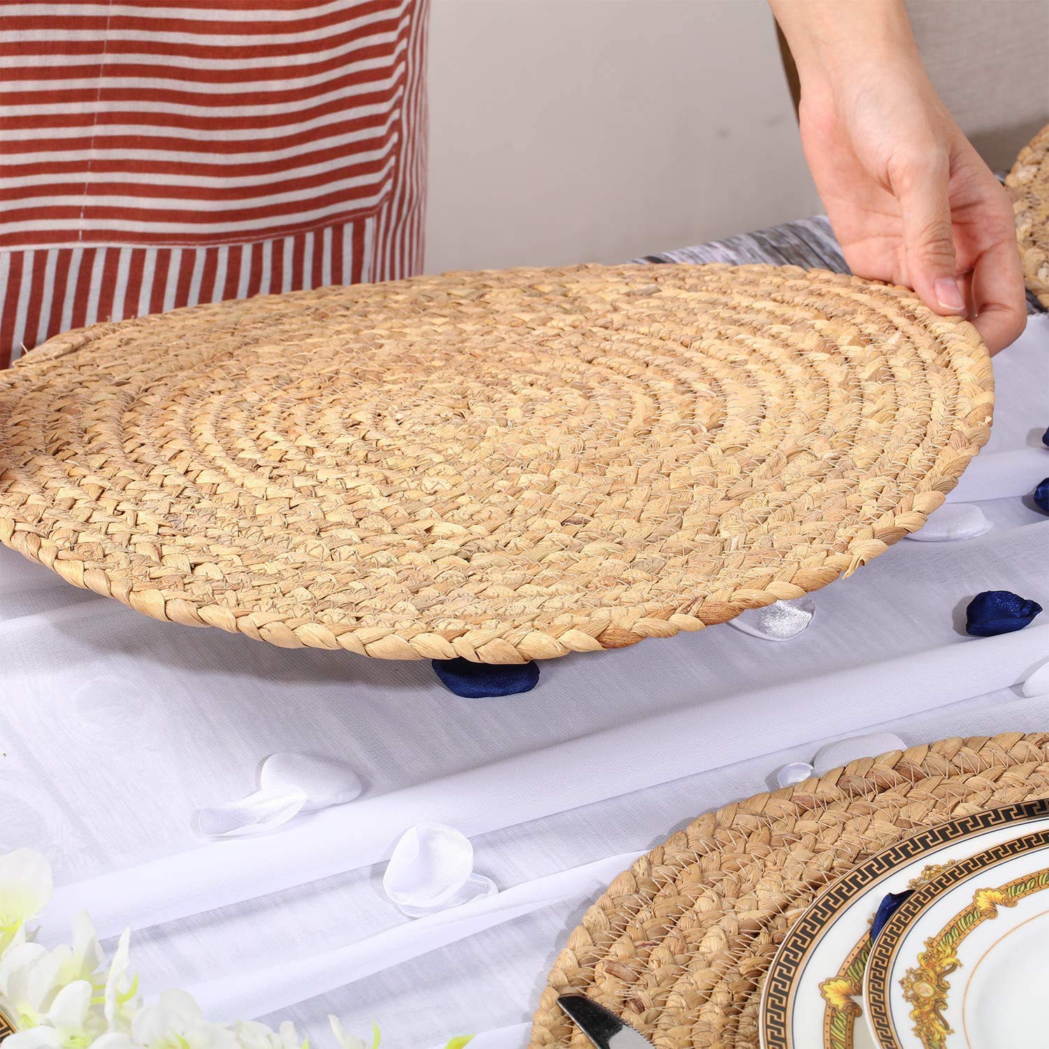 4-Piece Round Woven Placemats Set - 13 Inch Natural Wicker & Water Hyacinth Braided Table Mats - Rustic Rattan Chargers for Dining Table Decor - Perfect for Farmhouse, Boho, and Coastal Home Styling