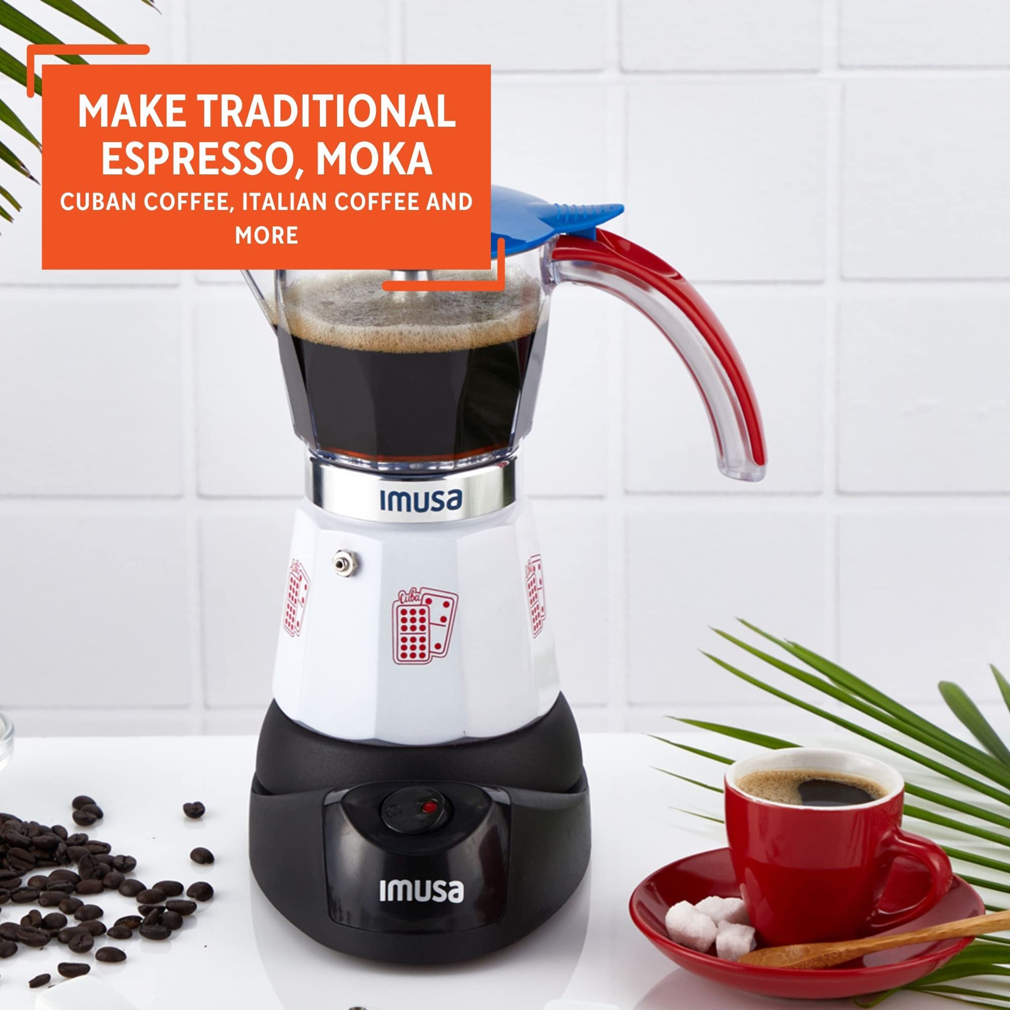 IMUSA Electric Espresso Coffee Maker - 3 or 6 Cup Capacity, Cuba/Domino Themed (White/Red/Blue) - Perfect for Home, Office & Entertaining Guests