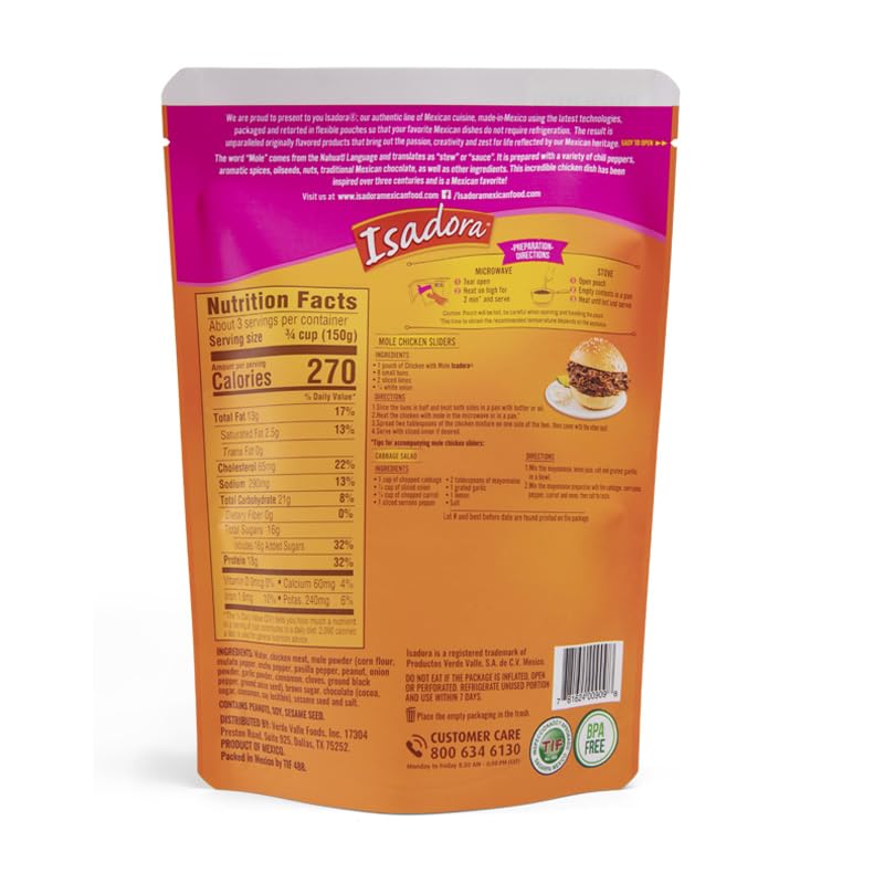 Fully Cooked Isadora Pollo con Mole - 15 oz Ready-to-Eat Mexican Chicken Dish | No Refrigeration Needed | Gluten-Free | 100% Chicken | Perfect for Quick Meals, Camping & Emergency Food Supplies