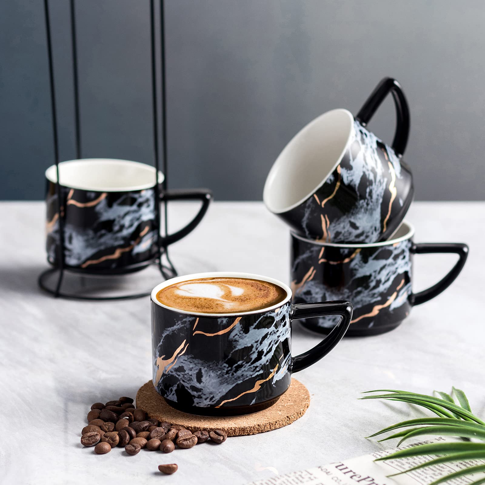 Premium 210ML Stackable Ceramic Cappuccino Cups Set of 4 with Stand - Elegant Black Coffee Mugs for Espresso, Tea & Hot Beverages - Perfect for Home, Office & Cafe Use