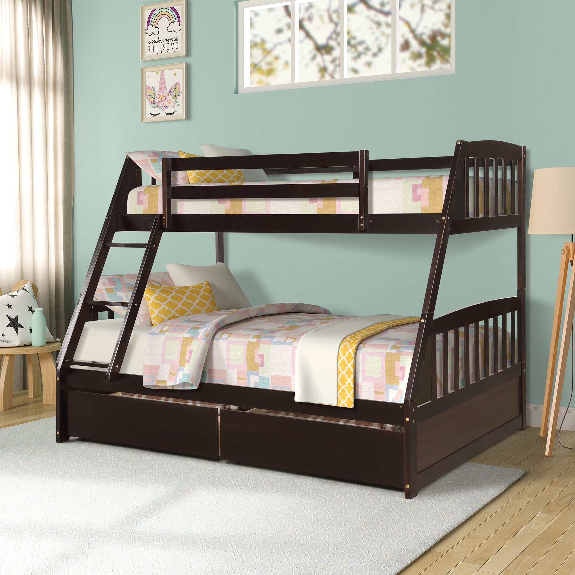 DeepRoar Twin Over Full Bunk Bed with Storage Drawers - Solid Wood Convertible Bunk Bed Frame for Kids, Teens & Adults - No Box Spring Needed - Espresso Finish - Perfect for Small Bedrooms, Guest Rooms & Vacation Homes