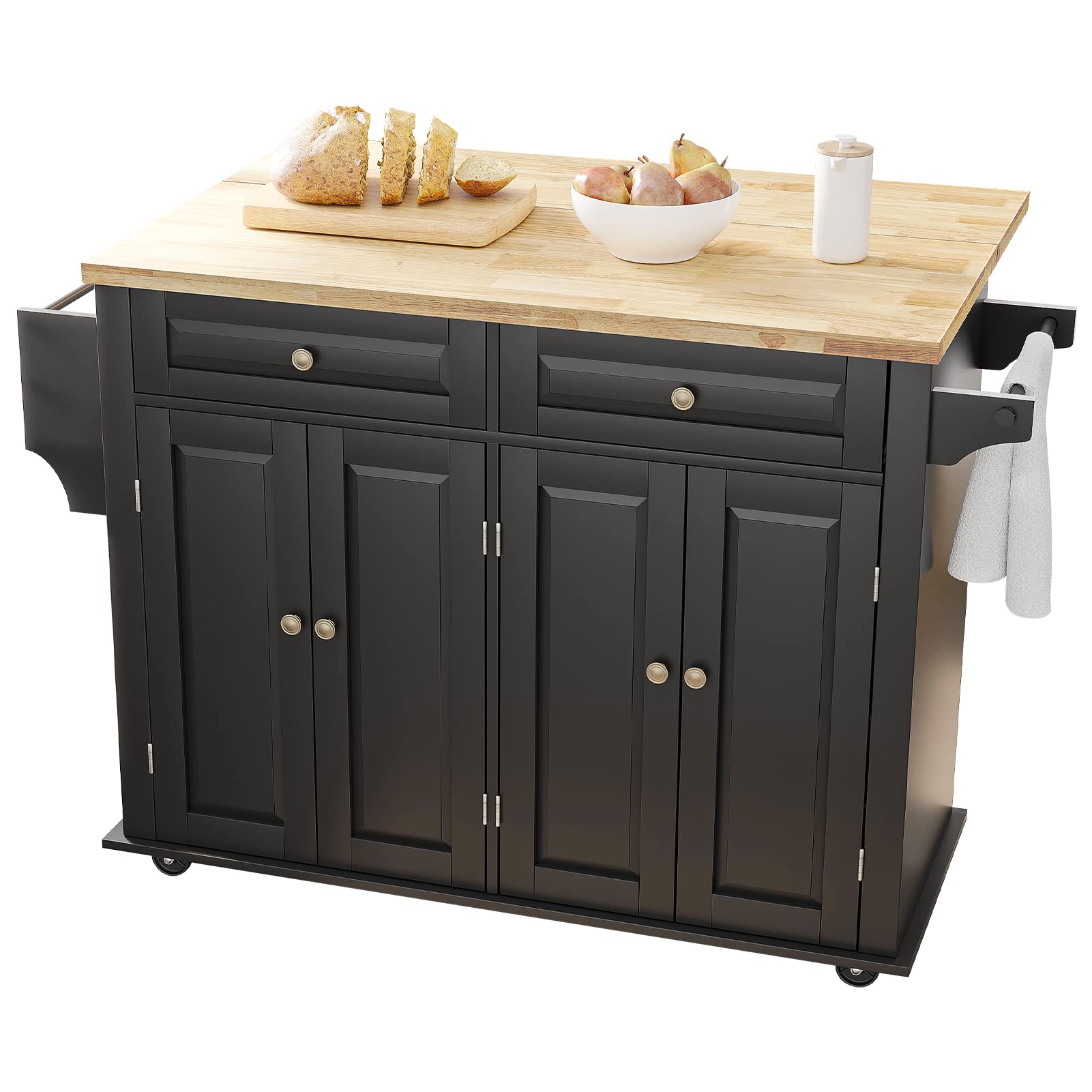 Rolling Kitchen Island with Drop Leaf - Mobile Kitchen Cart on Wheels with Storage Cabinet, Rubber Wood Top, Rack & Drawer - Matte Black for Small Spaces, Apartments & Home Cooking