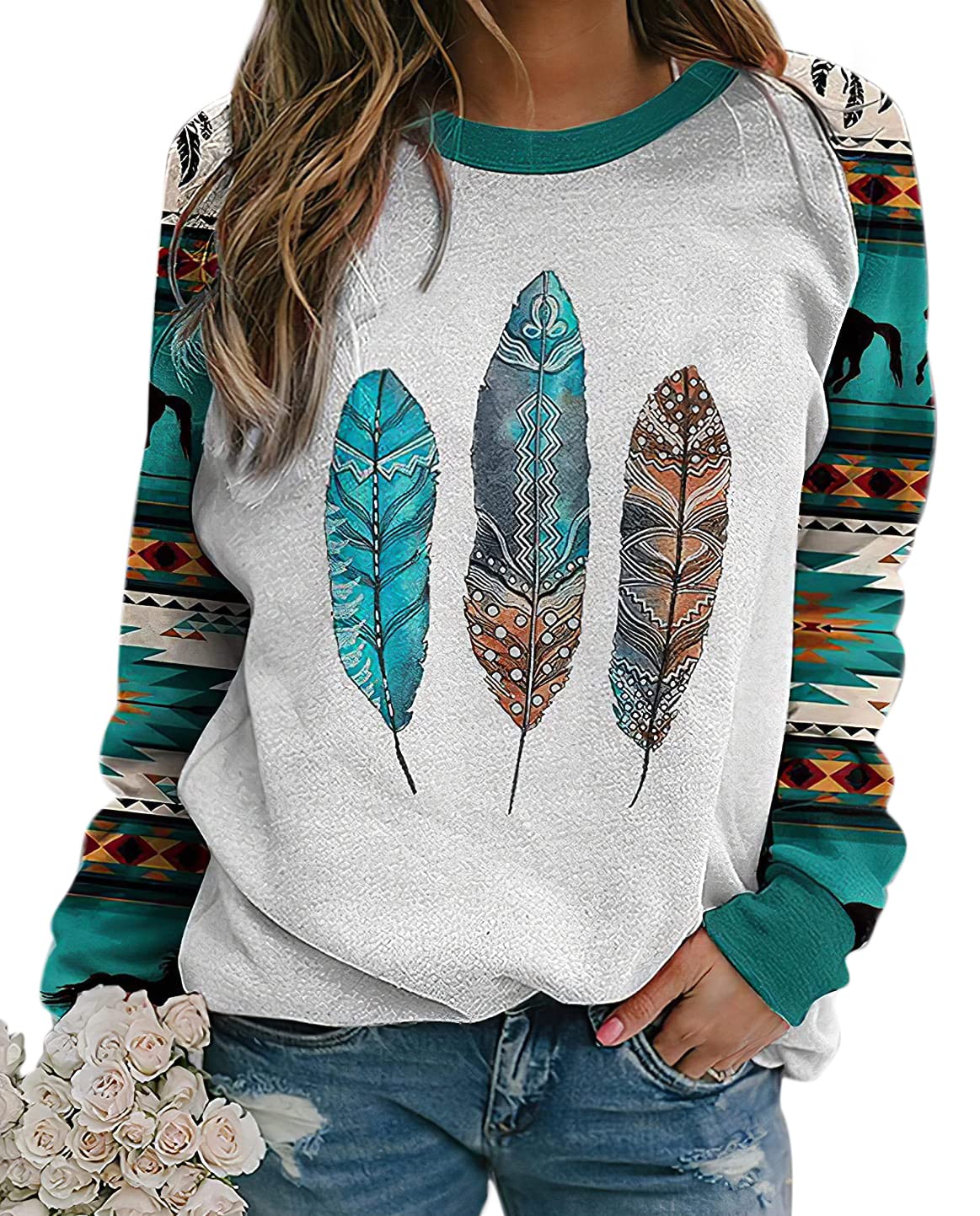 Lafolie Women's Western Aztec Print Crewneck Sweatshirt - Long Sleeve Ethnic Style Casual Top for Fall & Winter | Perfect for Western Theme Parties, Boho Outfits and Everyday Wear