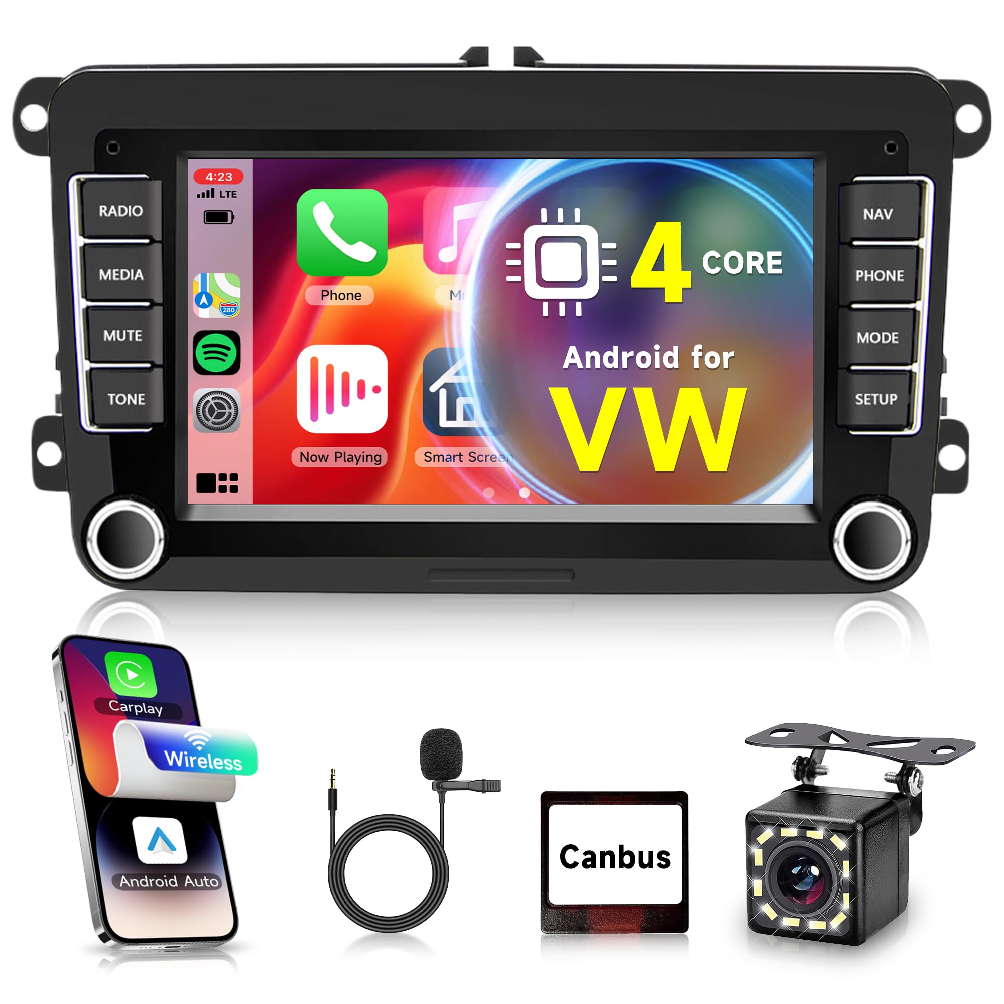 7 Inch Android Car Stereo for VW Polo Golf 5 Caddy T5 Tiguan Skoda Seat | Touchscreen Car Radio with Wireless CarPlay & Android Auto | GPS WiFi Bluetooth FM/RDS | Backup Camera | Perfect for Commuting & Road Trips