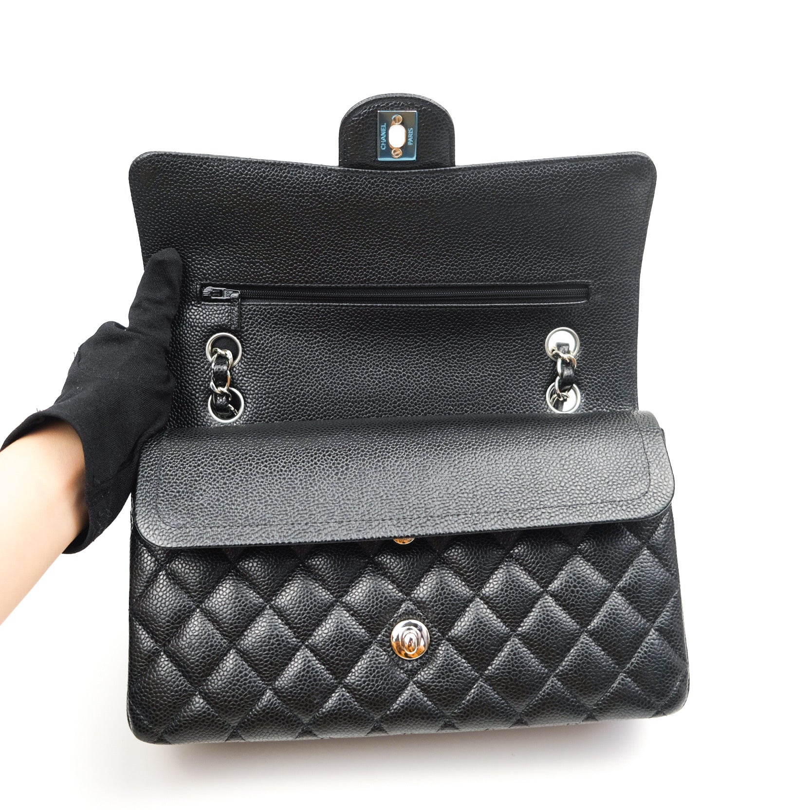 Chanel Classic M/L Medium Double Flap Bag Black Caviar Silver Hardware - Luxury Designer Handbag for Women, Perfect for Work, Evening Events & Everyday Use