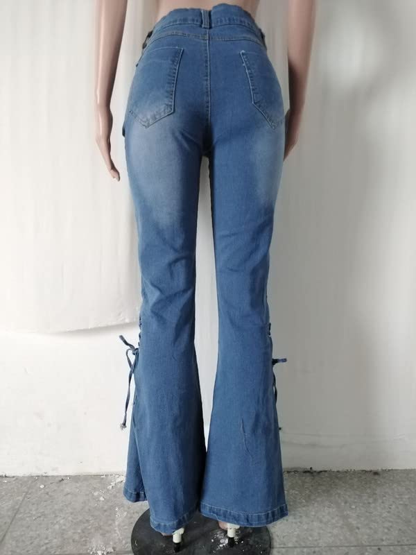 Andongnywell Women's Lace-Up Flare Bell Bottom Jeans - Mid Waist Wide Leg Bootcut Denim Pants with Pockets | Casual Wear, Retro Style, 70s Fashion Outfit