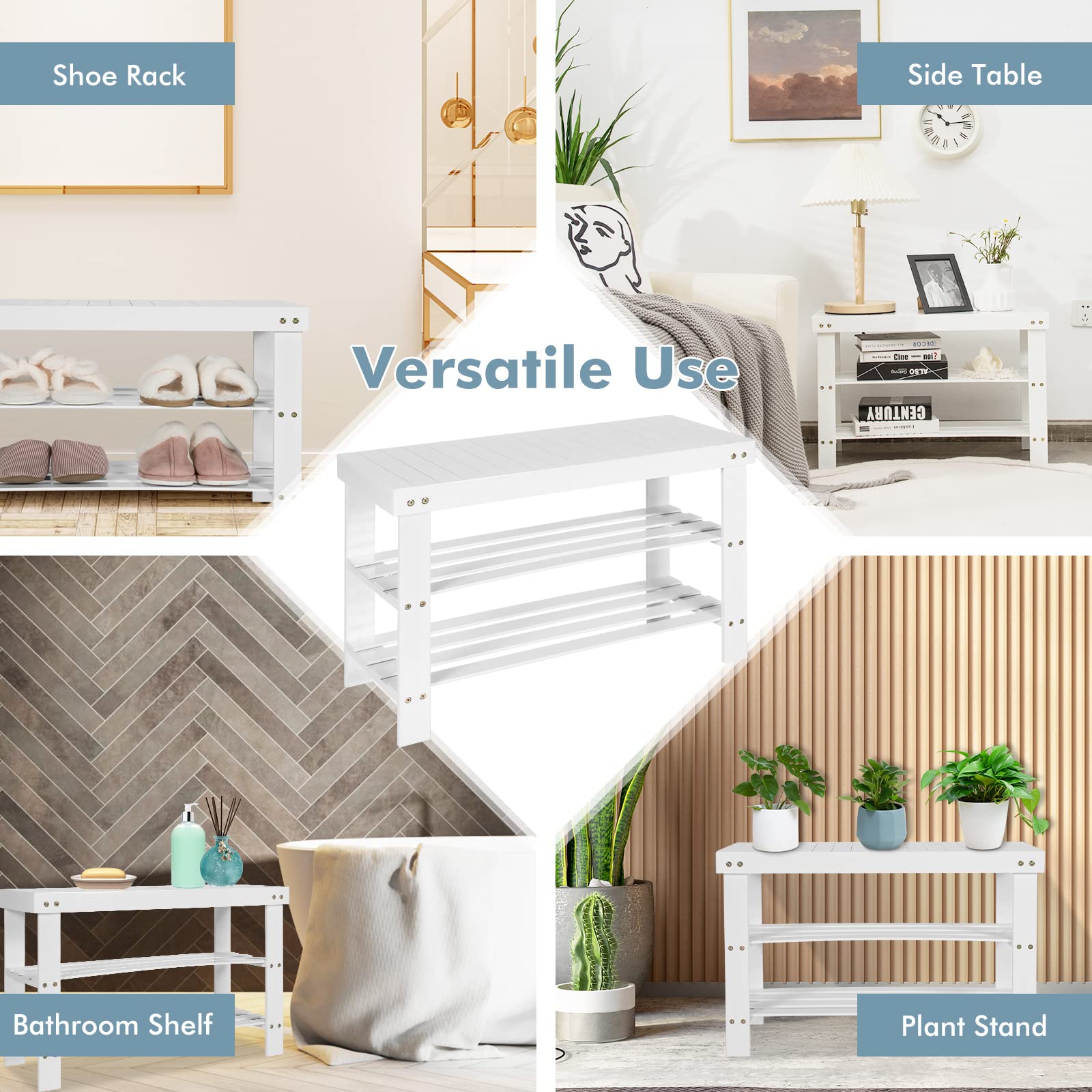 KOTEK 3-Tier Bamboo Shoe Rack Bench - Sturdy Entryway Shoe Organizer Shelf with 220 lbs Weight Capacity - Multi-Purpose Storage for Shoes, Boots & Accessories - Perfect for Hallway, Bathroom, Living Room & Bedroom (White)