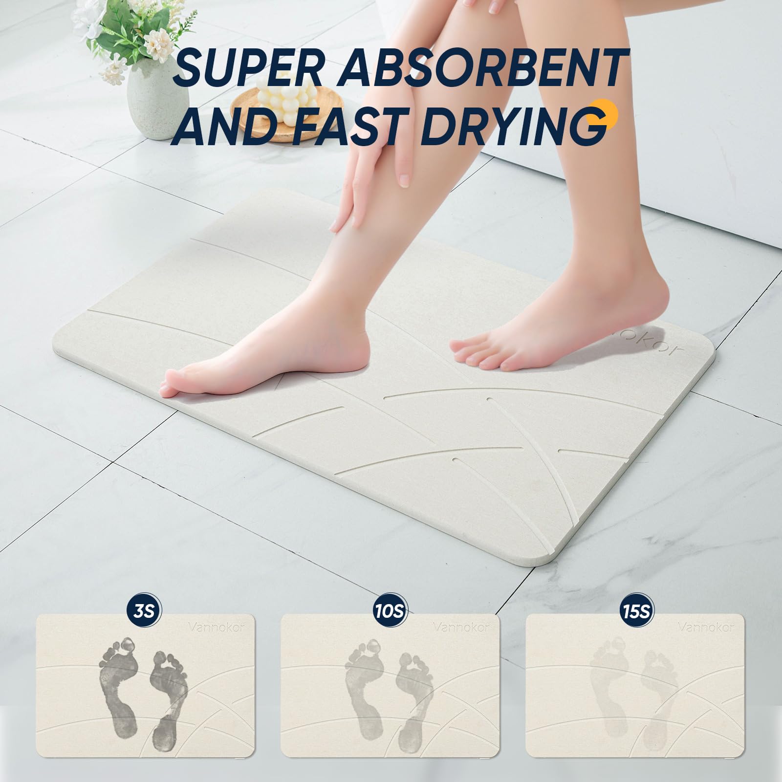 Non-Slip Diatomaceous Earth Bath Mat - Quick Dry Stone Shower Mat for Bathroom, 23.6