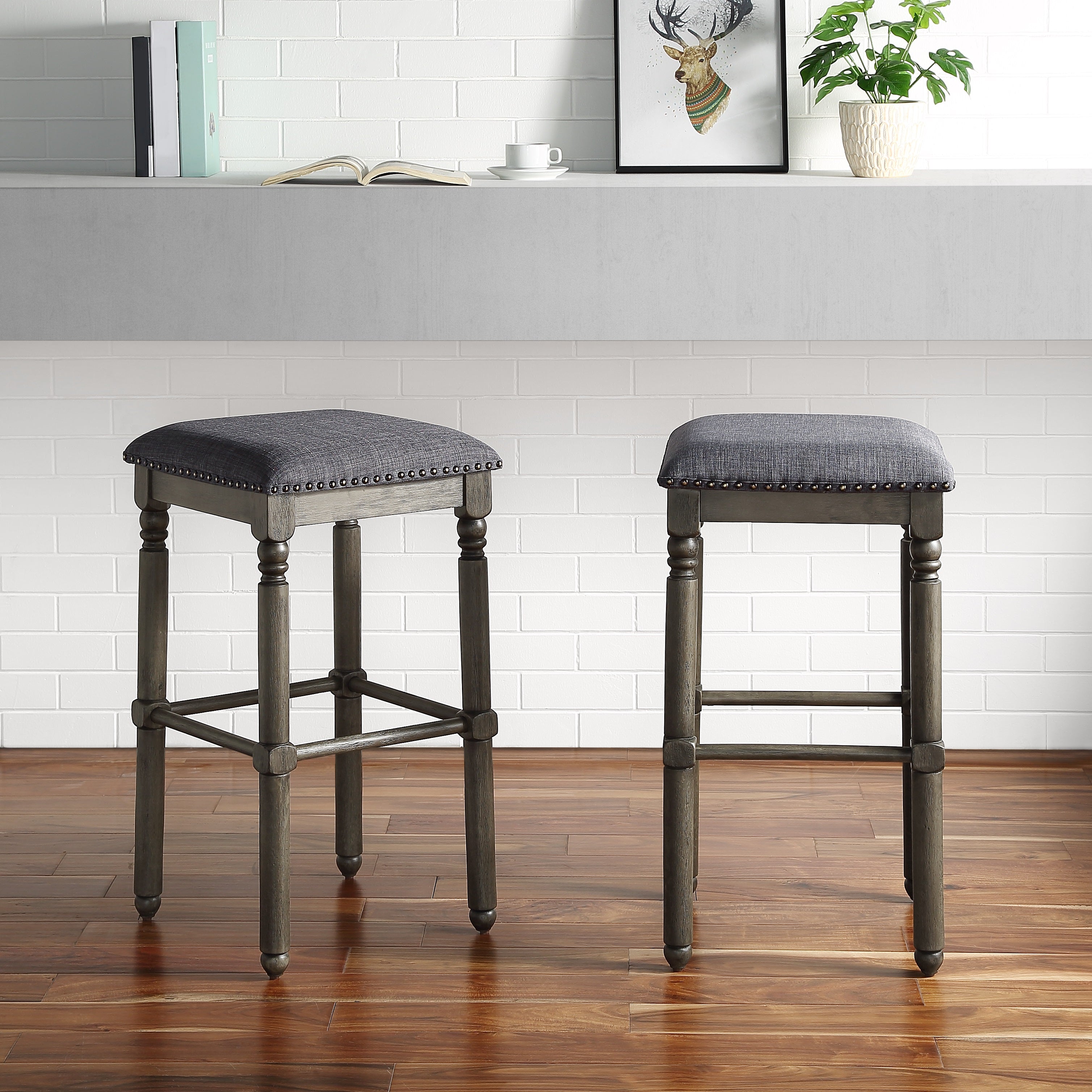 Roundhill Furniture Arnhem Wood Gray Upholstered Swivel Bar Stools, Set of 2 - Modern Counter Height Stools for Kitchen Island, Breakfast Bar & Home Pub Decor