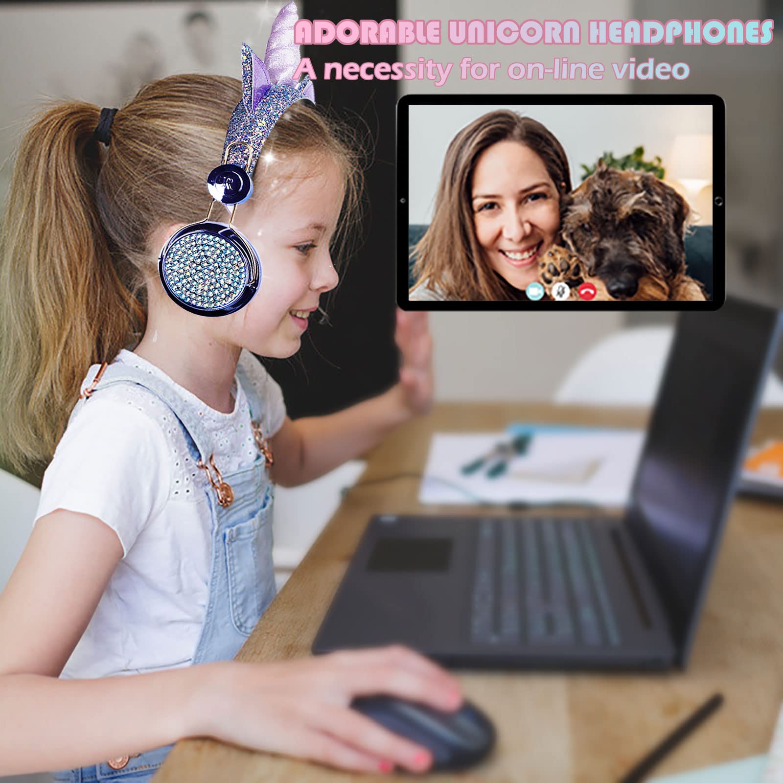Unicorn Cat Ear Bluetooth 5.0 Wireless Headphones for Kids - Foldable Over-Ear Headset with Mic for iPhone, iPad, Laptop, PC, TV, PS4 & Xbox One - Perfect Gaming Gift for Girls & Teens (Blue) - Ideal for School, Travel & Gaming