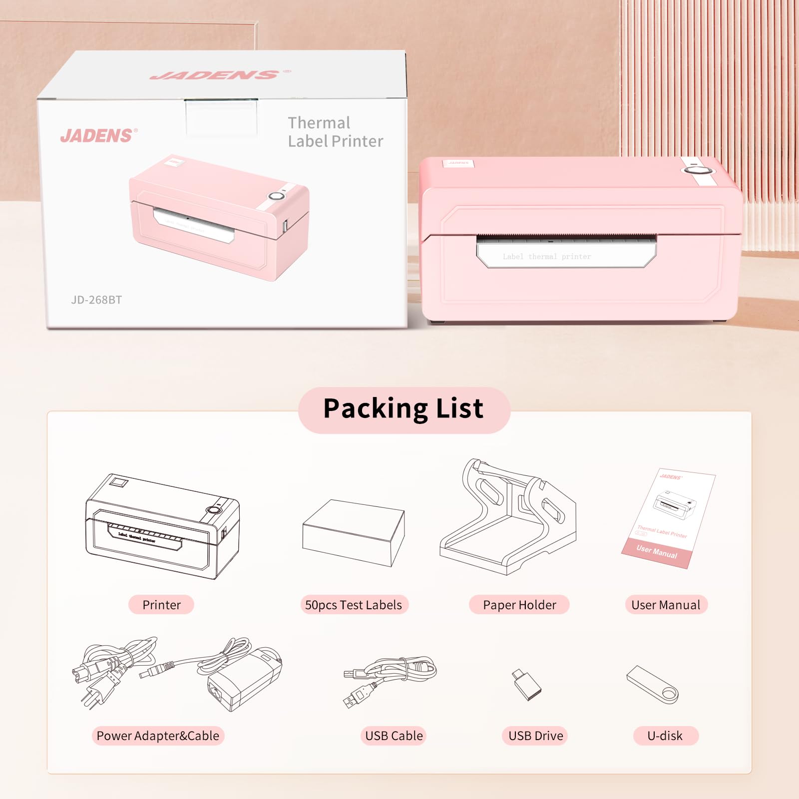JADENS Pink Bluetooth Thermal Label Printer 4x6 - Wireless Shipping Label Printer for Small Business, Ecommerce & Packages | Compatible with iOS, Android, Mac, Windows | Works with Amazon, Etsy, eBay, Shopify | Perfect for Home Office, Warehouse & Shipping Centers