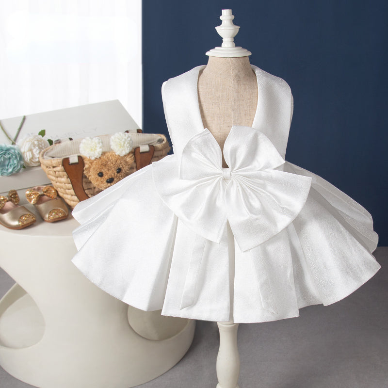 Elegant White Sleeveless Backless Pleated Bow Baby Dress - Toddler Communion Dress for Girls - Perfect for Christening, Baptism, First Communion & Special Occasions