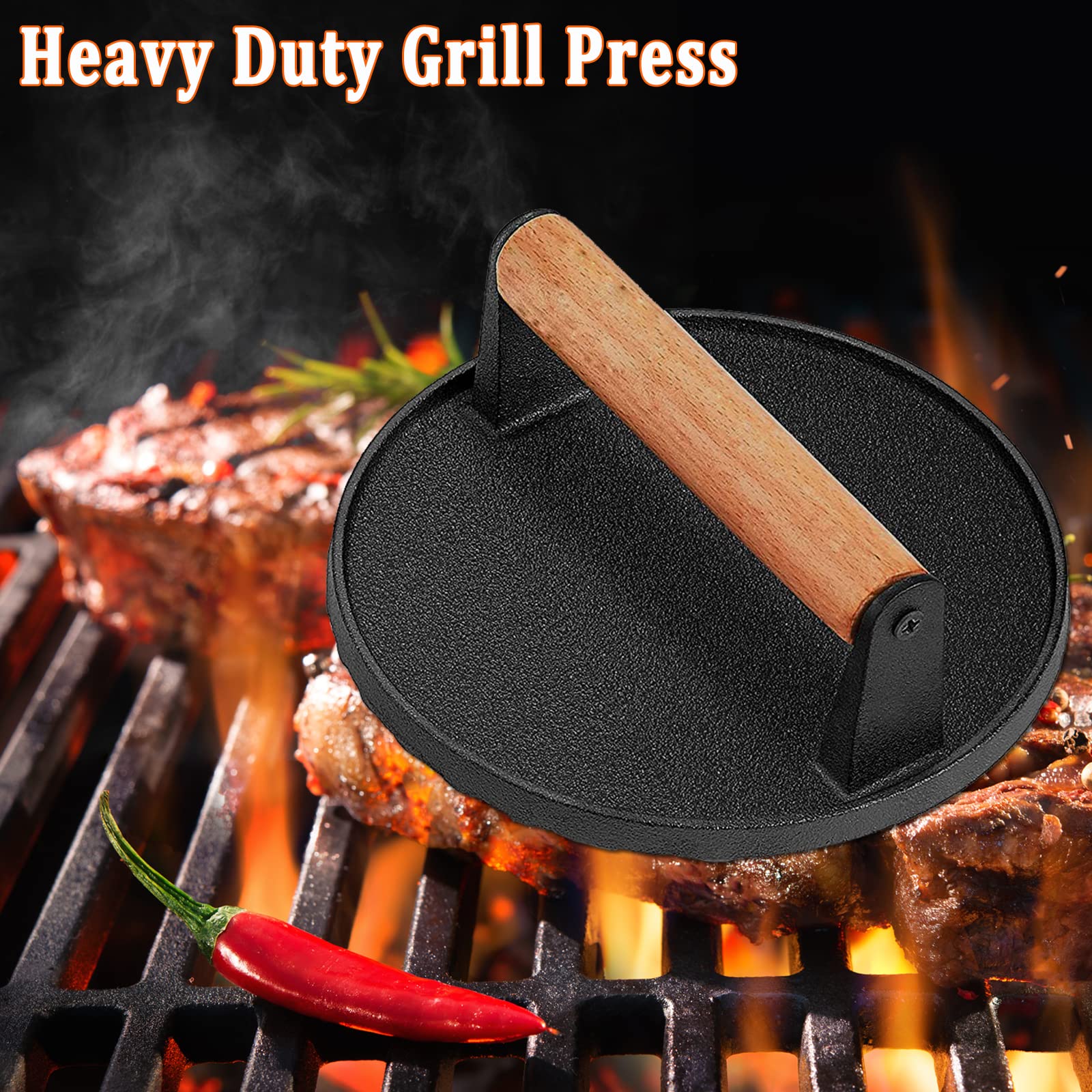3PCS Smash Burger Press Kit - Round & Rectangle Cast Iron Grill Press with Upgraded Wooden Handle for Blackstone, Camp Chef, Pitboss - Perfect for Backyard BBQs, Camping & Restaurant Burgers