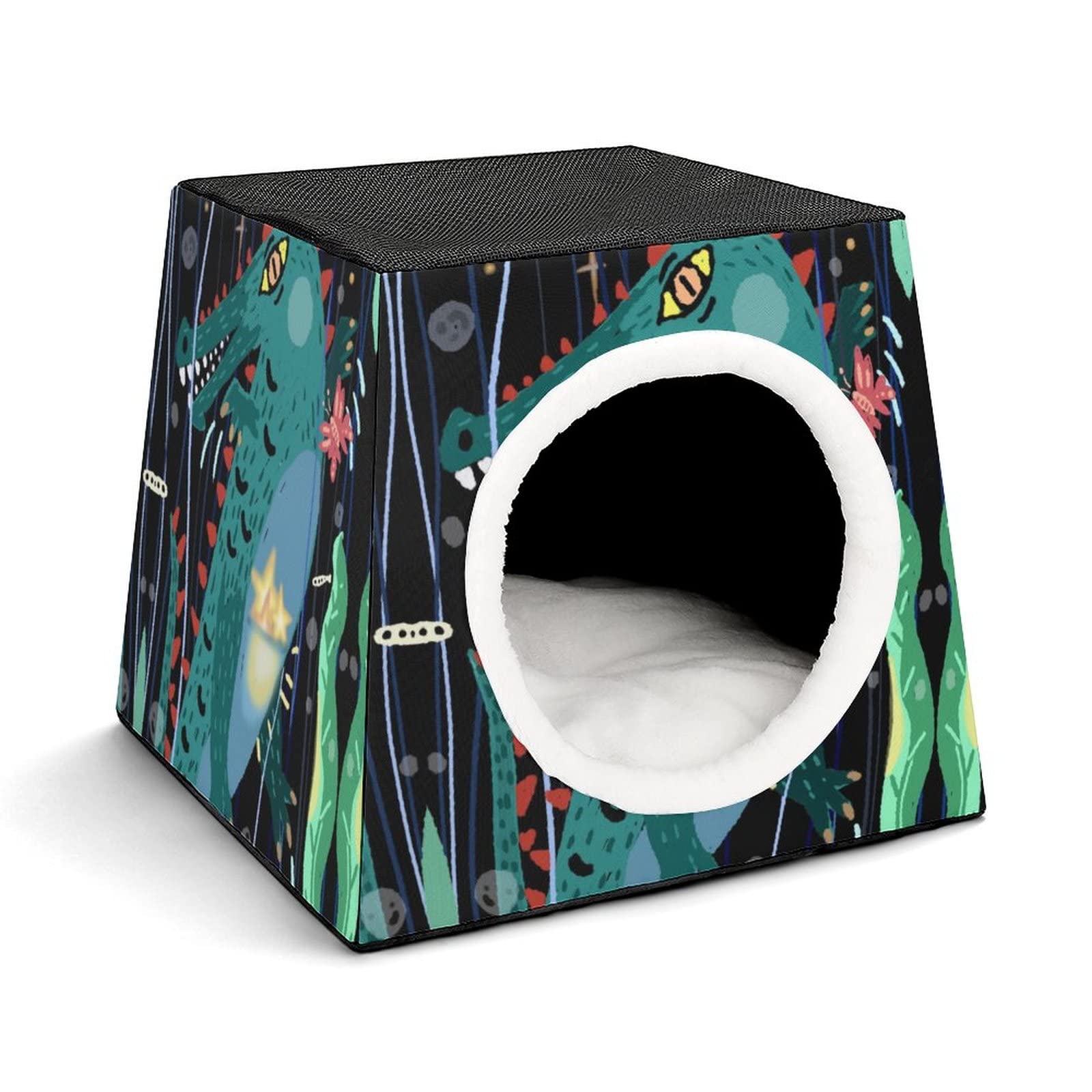 Printed Cat Houses & Condos - Foldable Cat Cube Bed with Removable Pillow in Crocodile Green | Cozy Pet Sofa for Indoor Cats, Perfect for Napping & Play