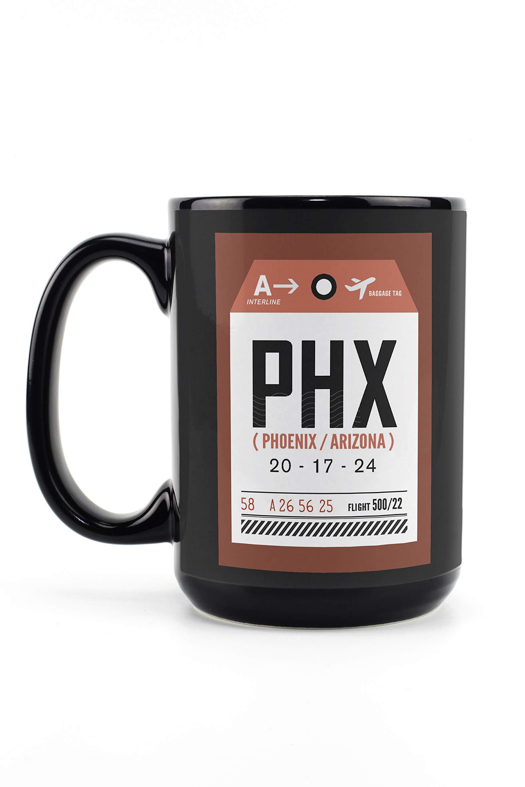 Phoenix Arizona PHX Luggage Tag - 15oz Black Ceramic Coffee Mug & Tea Cup | Dishwasher & Microwave Safe | Perfect for Travel, Office & Home Use