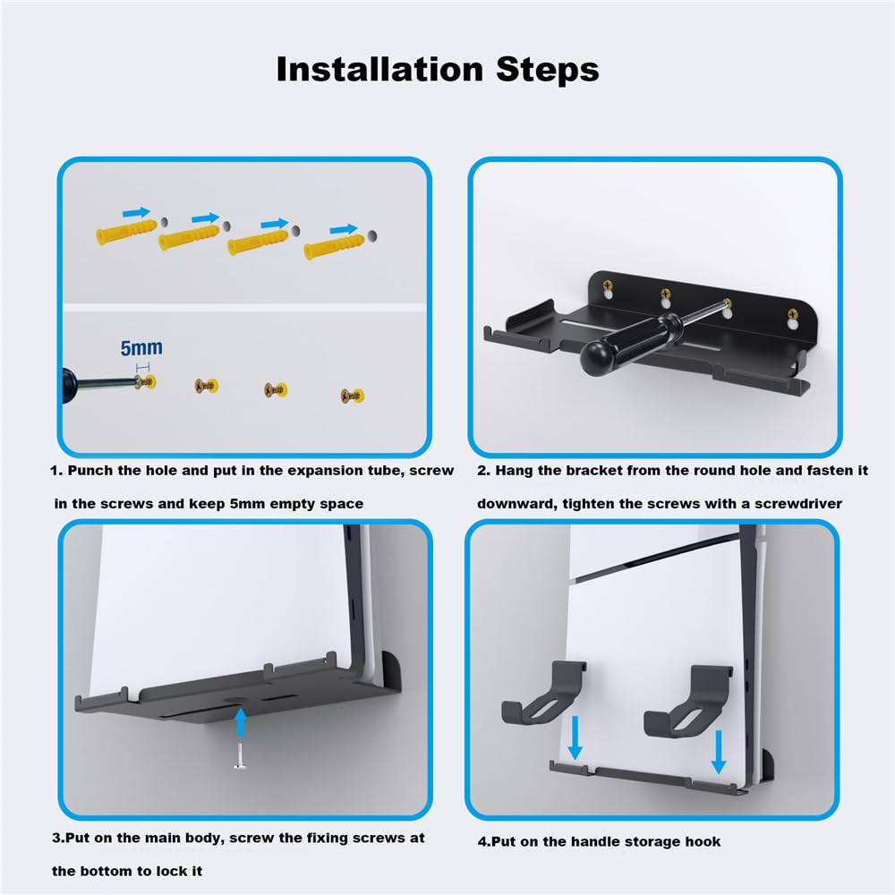 PS5 Wall Mount Bracket for PS5 Slim Console & Controller - Space Saving Storage Holder for Gaming Room, Living Room, and Bedroom