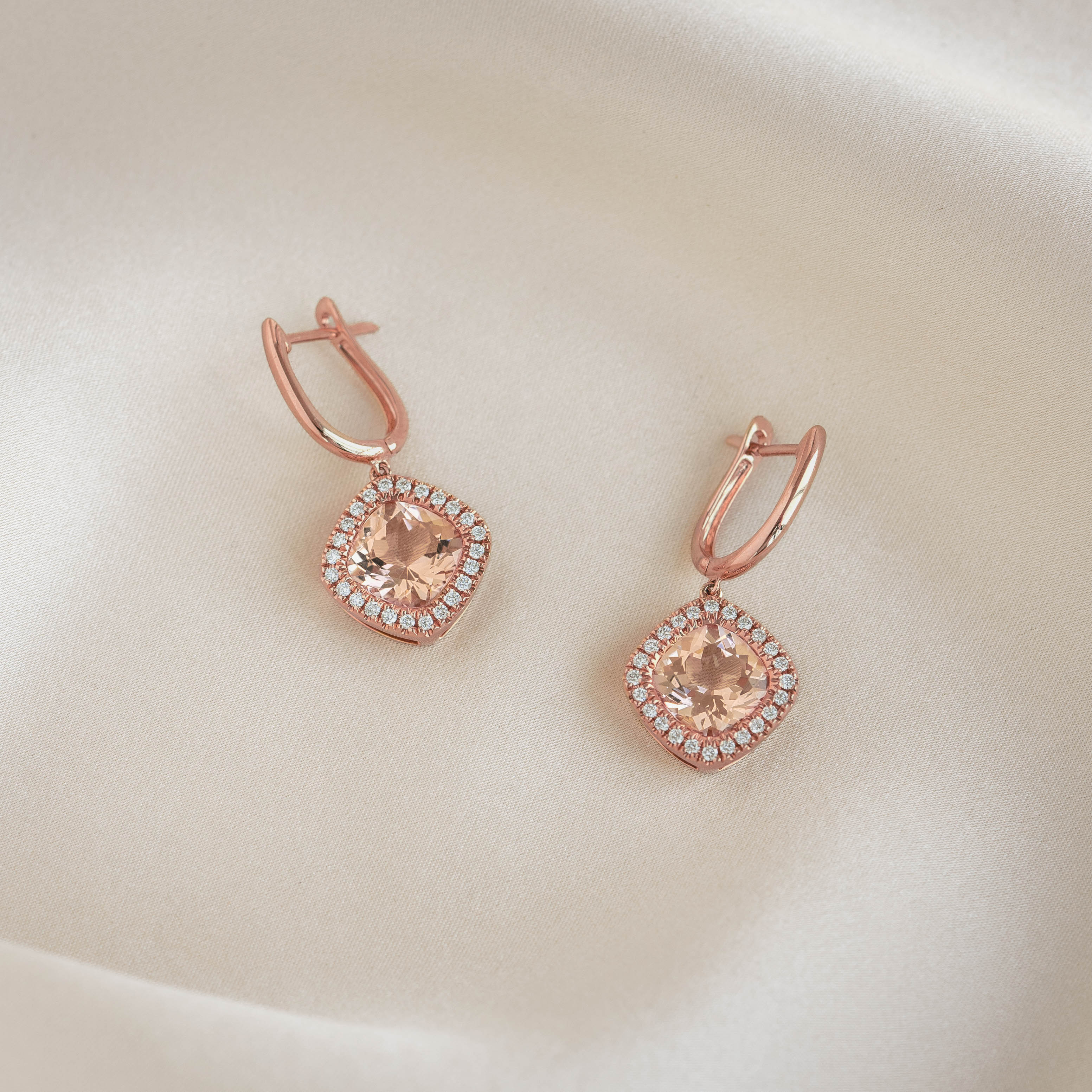 Exquisite Morganite & Diamond Halo Drop Earrings in Rose Gold - Elvira Collection | Perfect for Weddings, Anniversaries & Special Occasions