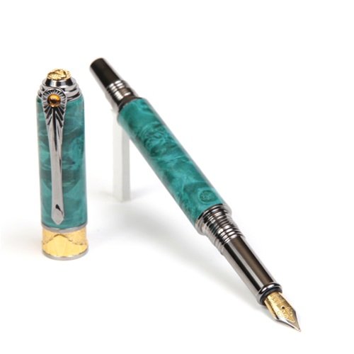 Lanier Art Deco Fountain Pen - Black Titanium & 22kt Gold Luxury Writing Instrument with Turquoise Box Elder Wood - Perfect for Calligraphy, Business Gifts & Collectors