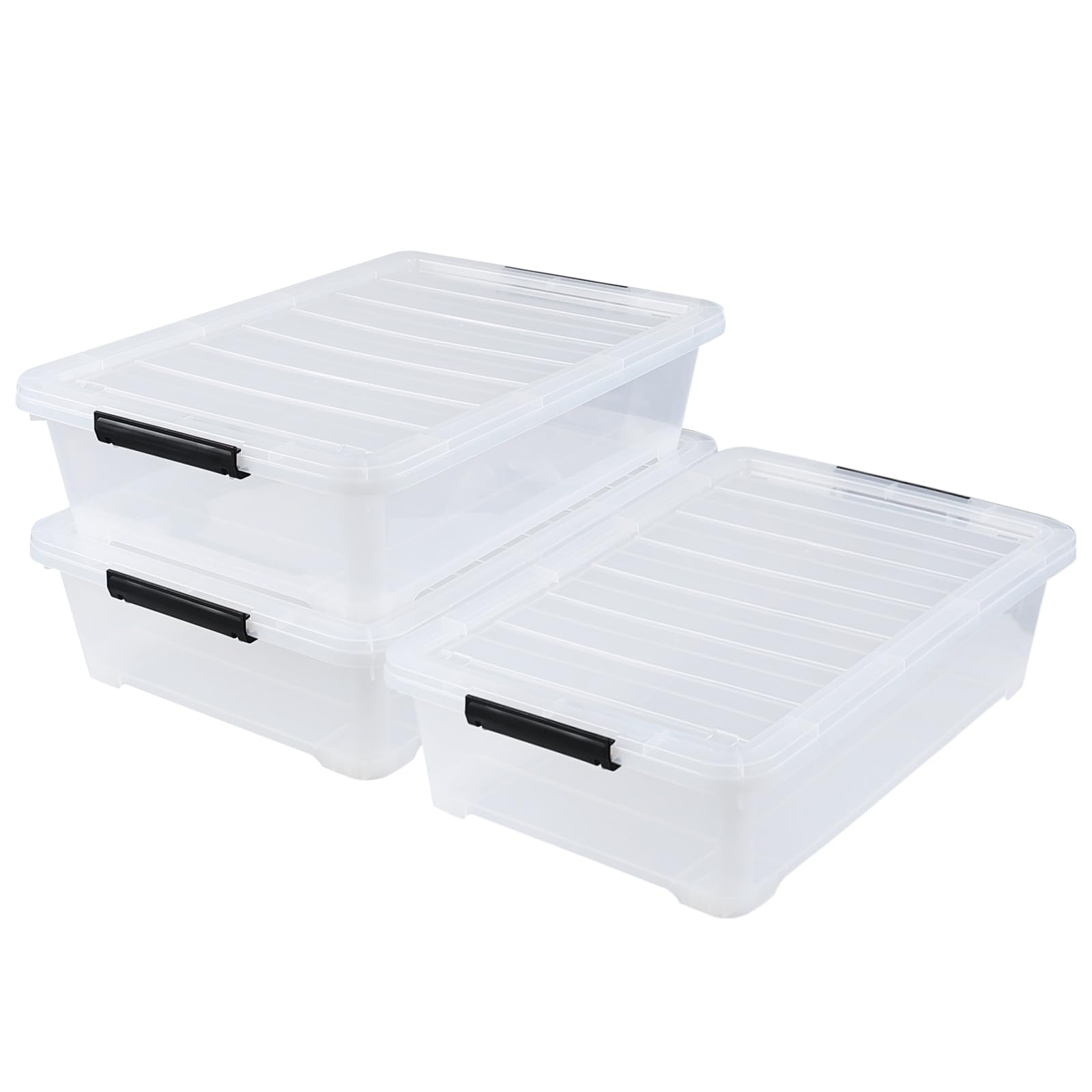 40 Quart Clear Plastic Underbed Storage Box with Wheels - Set of 3 Large Shallow Organizers for Clothes, Shoes, Toys & Seasonal Items - Space Saving Bedroom & Closet Storage Solution