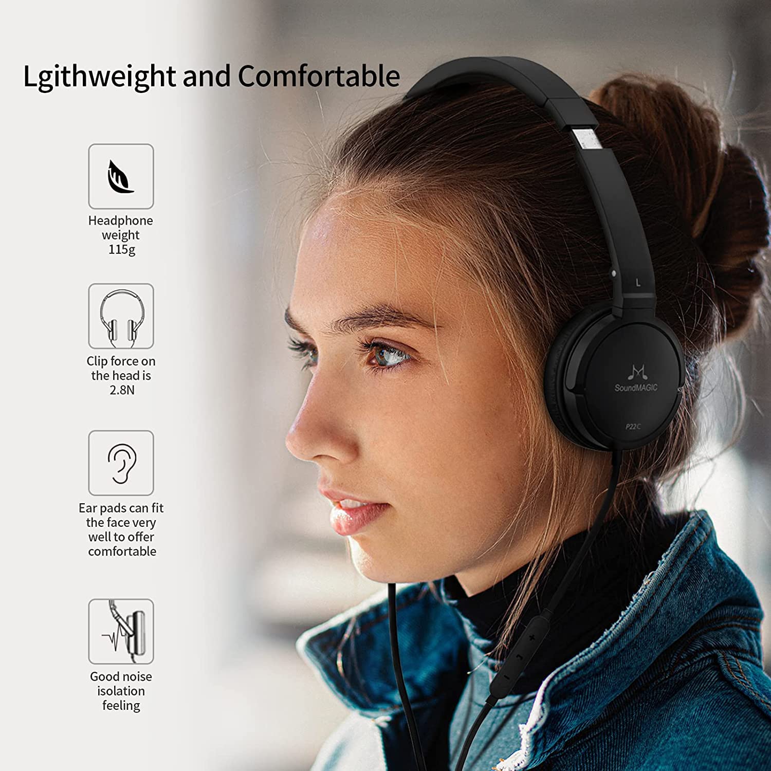 SoundMAGIC P22C Lightweight On-Ear Headphones with Microphone - Wired HiFi Stereo Headset, Noise Isolation, Foldable Design - Comfortable & Portable for Commuting, Travel, Office Work (Black)