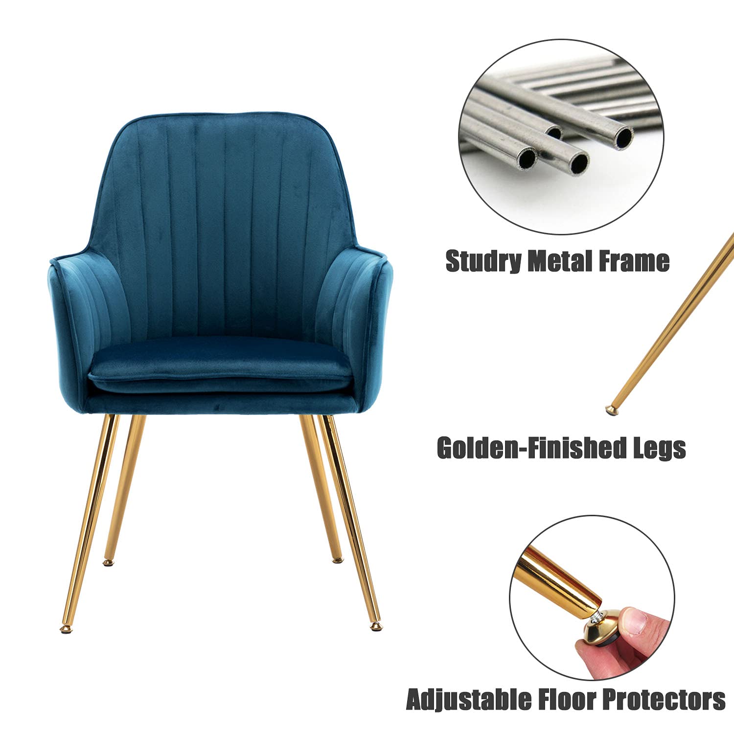 Velvet Accent Chair - Modern Tufted Armchair for Home Office, Living Room & Bedroom - Blue Velvet Upholstery with Golden Metal Legs - Perfect for Reading Nook, Dining Area or Cozy Corner Decor