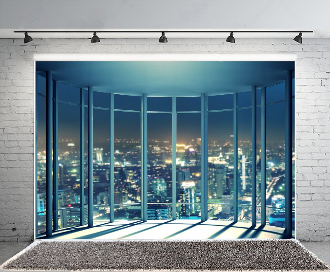 Laeacco 10x6.5ft New York City Night Skyline Backdrop - Aerial View Photography Background with French Windows & Shining Lights for Romantic Photo Shoots, Studio Props, Adult Portraits - Perfect for Wedding, Anniversary, and Couple Photography Sessions