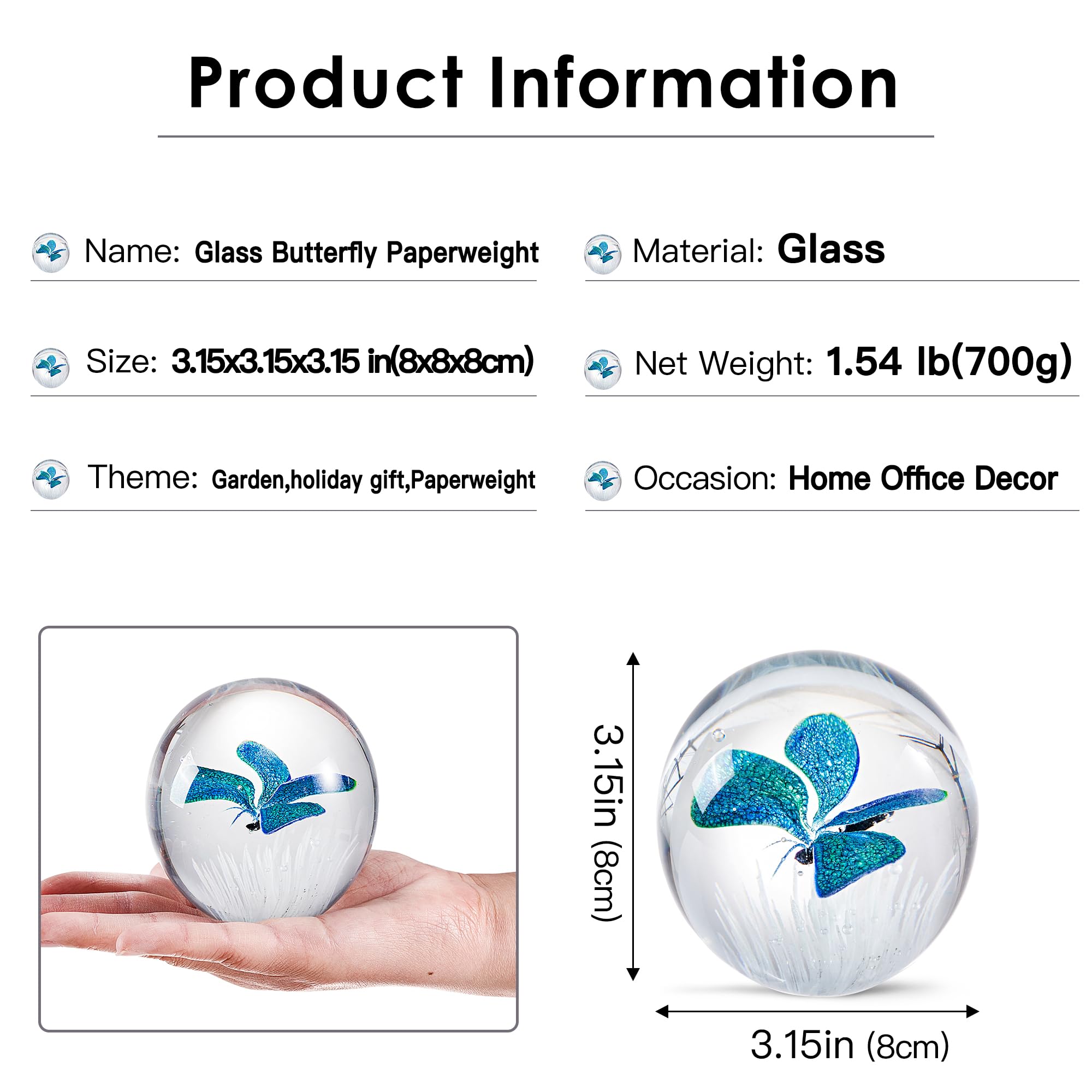 EUSTUMA Hand Blown Glass Butterfly Paperweight - Elegant Office Desk Accessory & Home Decor Collectible Gift for Butterfly Lovers | Perfect for Work Desks, Bookshelves & Display Cabinets