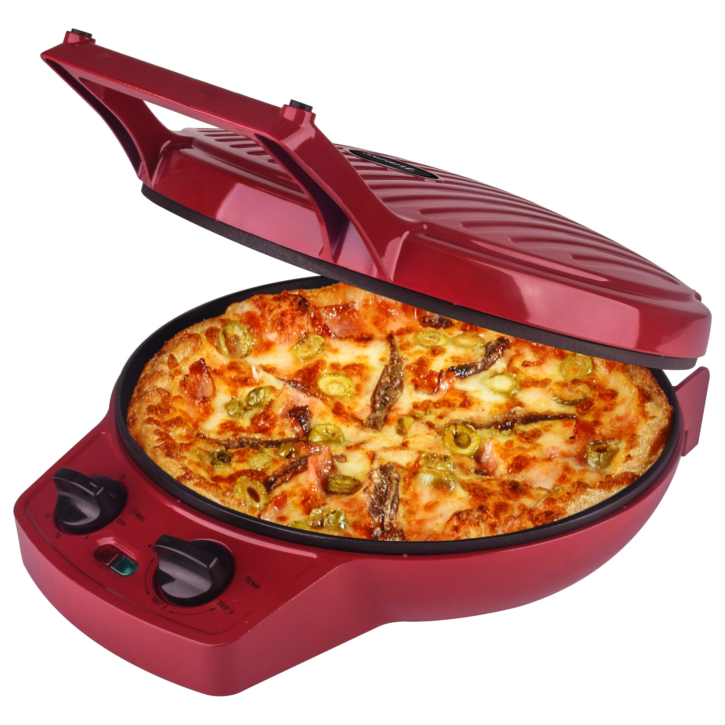 12 Inch Courant Pizza Maker & Calzone Maker with Timer & Temperature Control - 1440W Electric Pizza Oven & Indoor Grill (Red) - Perfect for Home Kitchen, Parties & Quick Meals