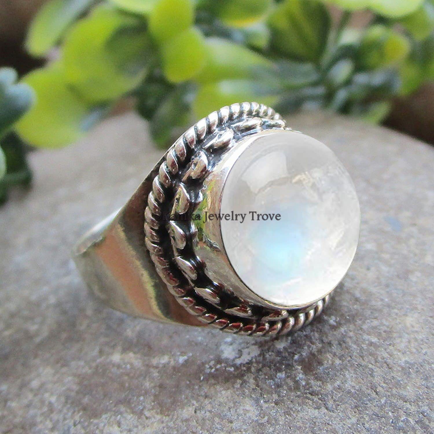 925 Sterling Silver Rainbow Moonstone Ring - Antique & Elegant Jewelry for Women | Unique Wedding Gift, Mother's Day Present | Size 12.5 | Perfect for Boho Style, Evening Wear & Special Occasions