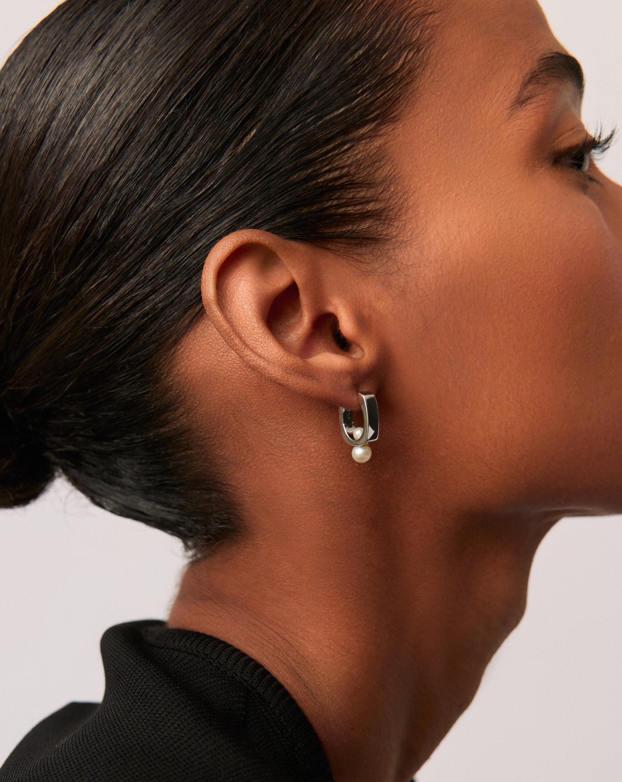 Sterling Silver Pearl Button Hoop Earrings for Women - Elegant Square Pearl Drop Earrings for Daily Wear & Special Occasions