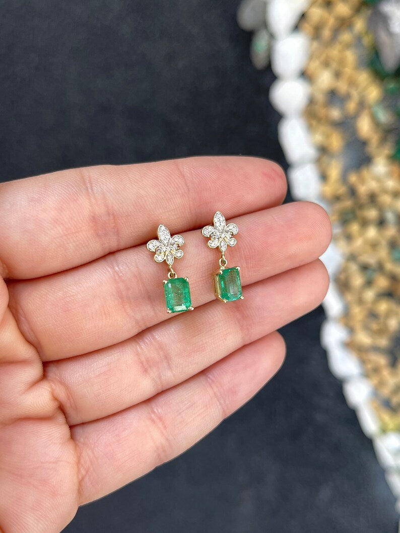 2.55ctw 14K Gold Natural Medium Yellowish Green Emerald & Diamond Fleur De Lis Dangle Earrings for Women - Elegant Jewelry Gift for Brides, Weddings & Special Occasions