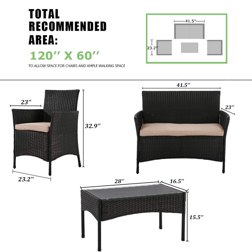 Outdoor 4-Piece Rattan Wicker Patio Furniture Set - Black Conversation Sofa & Coffee Table for Backyard, Garden, Poolside, Balcony or Porch | Weather-Resistant & Comfortable Seating