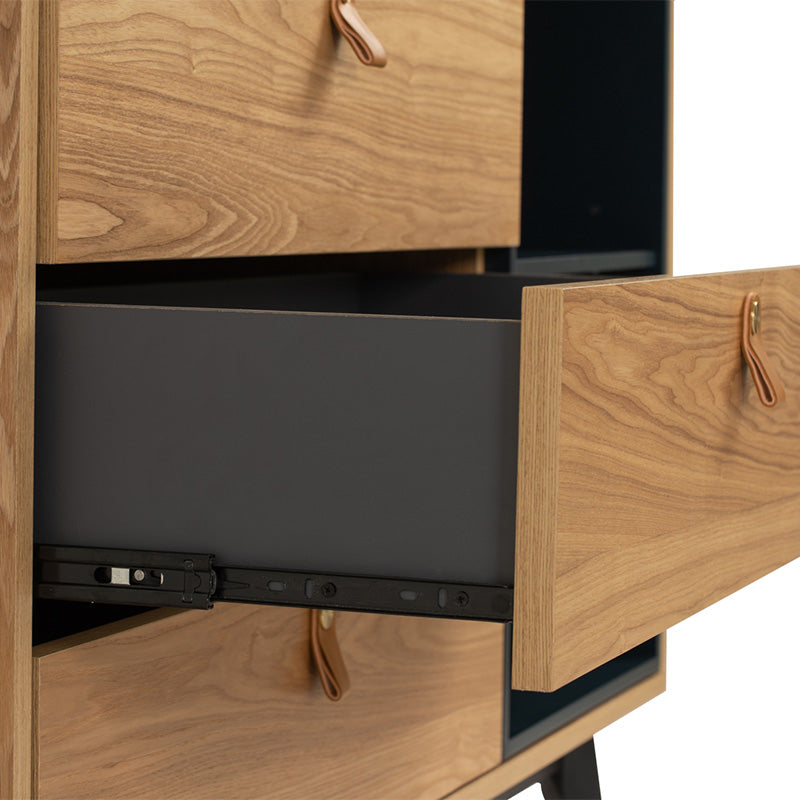 CASTOR Sideboard Buffet 125cm - Modern Wooden Storage Cabinet with 3 Drawers & Doors in Natural, Navy Blue & Black - Perfect for Dining Room, Living Room & Entryway Organization