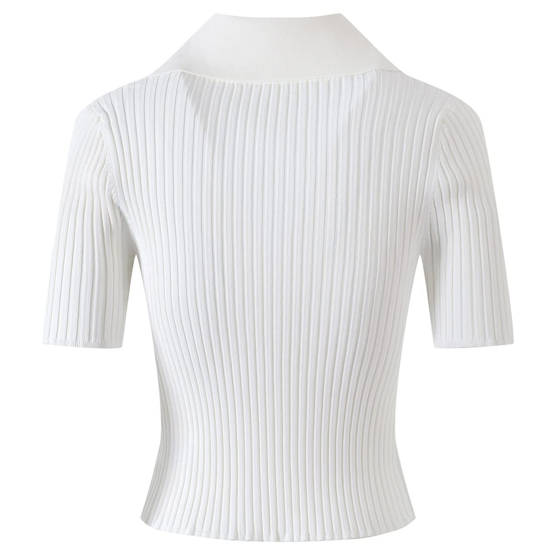 Women's White & Black Knitted Cardigan with Zipper - Short Sleeve Casual Top for Spring/Summer | Perfect for Office Wear, Date Night & Weekend Outfits