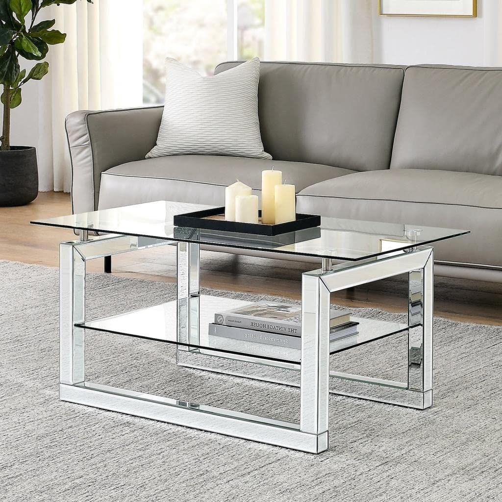 Modern Mirrored Coffee Table with Tempered Glass Top & Storage Shelf - Contemporary Accent Table with Sturdy Sled Legs for Living Room, Home Office, Lounge - Clear Glass Cocktail Table for Elegant Home Decor & Entertaining